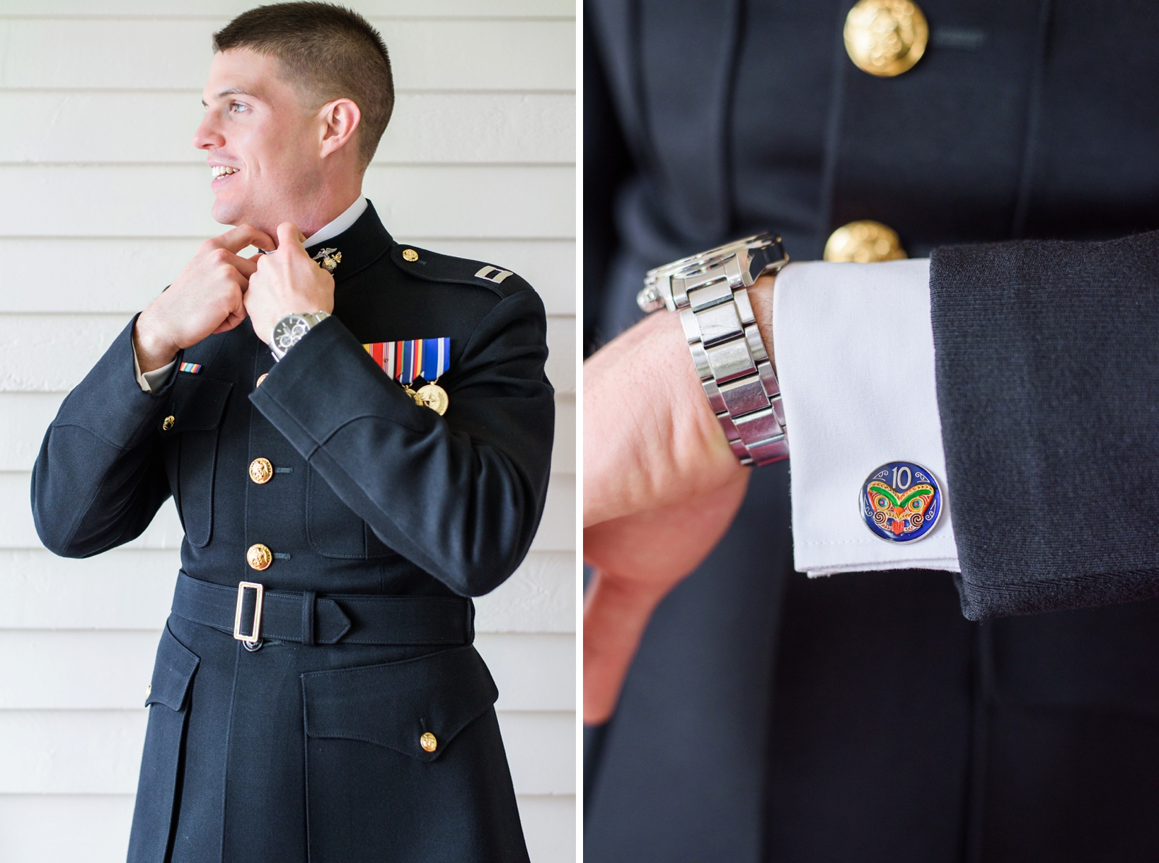 Groom in his military uniform with New Zealand cufflinks