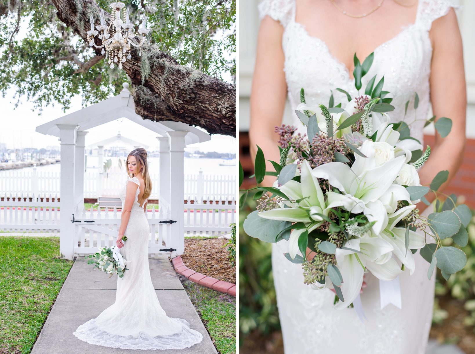 Bridal portrait under the archway of the bed and breakfast and shot of the bouquet with stargazer lilies 