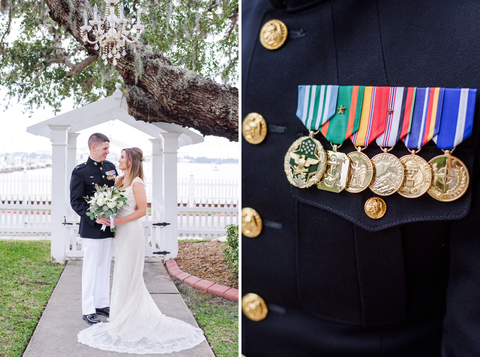 Bride and groom portrait and military medals on the groom's uniform