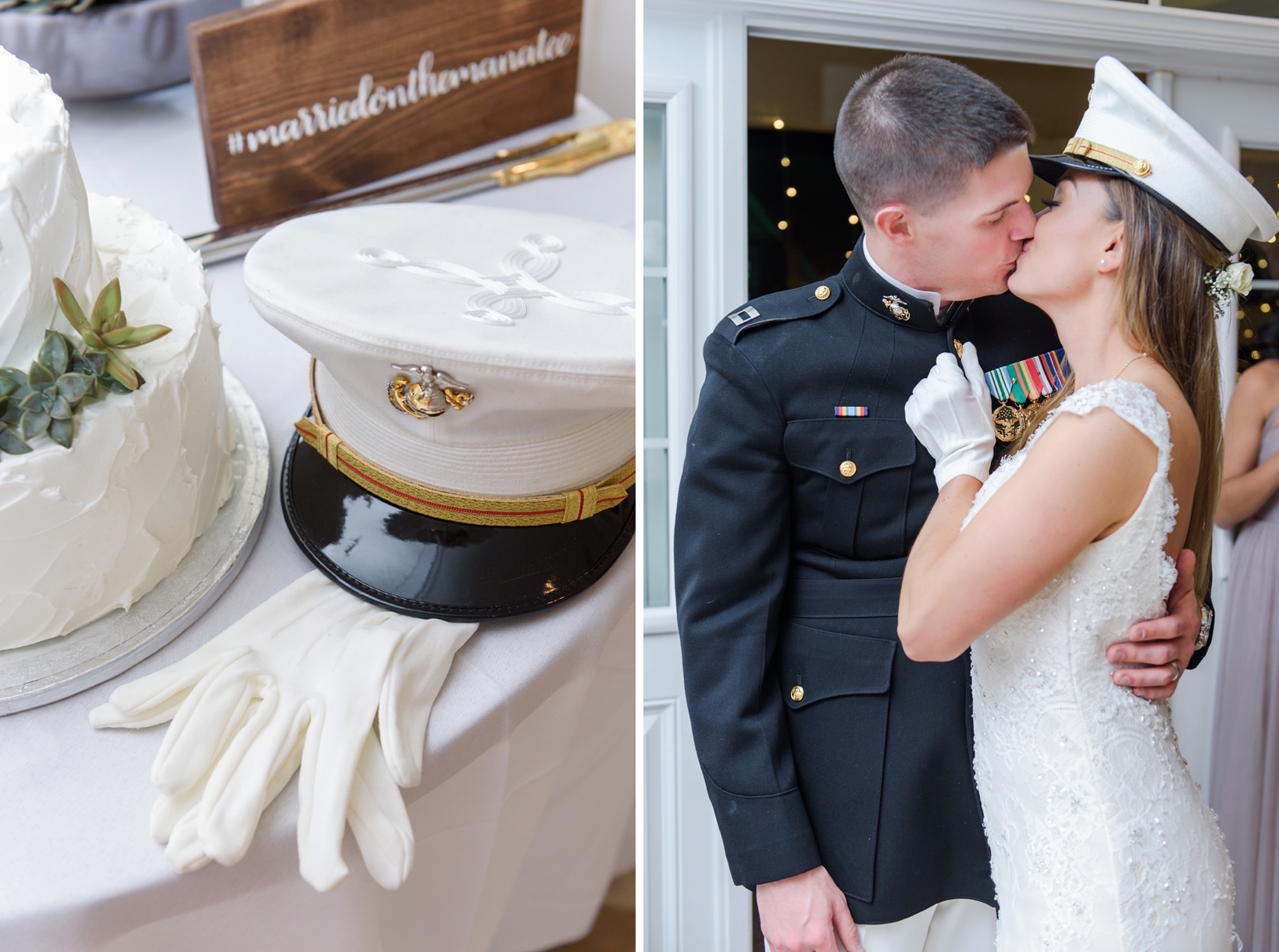 The wedding cake with military details and bride and groom kissing before cutting their cake