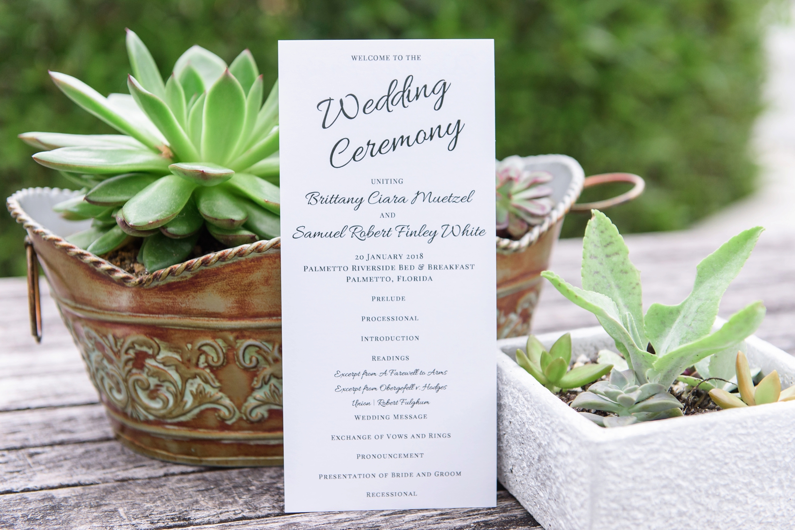 Wedding ceremony program with homegrown succulents