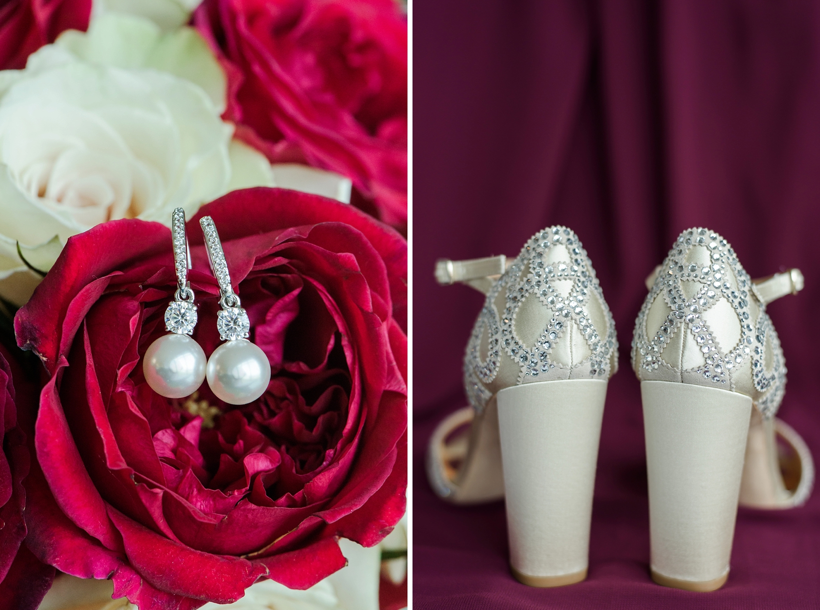 Bride's pearl earrings against a red rose flower bouquet and her wedding shoes against a merlot dress