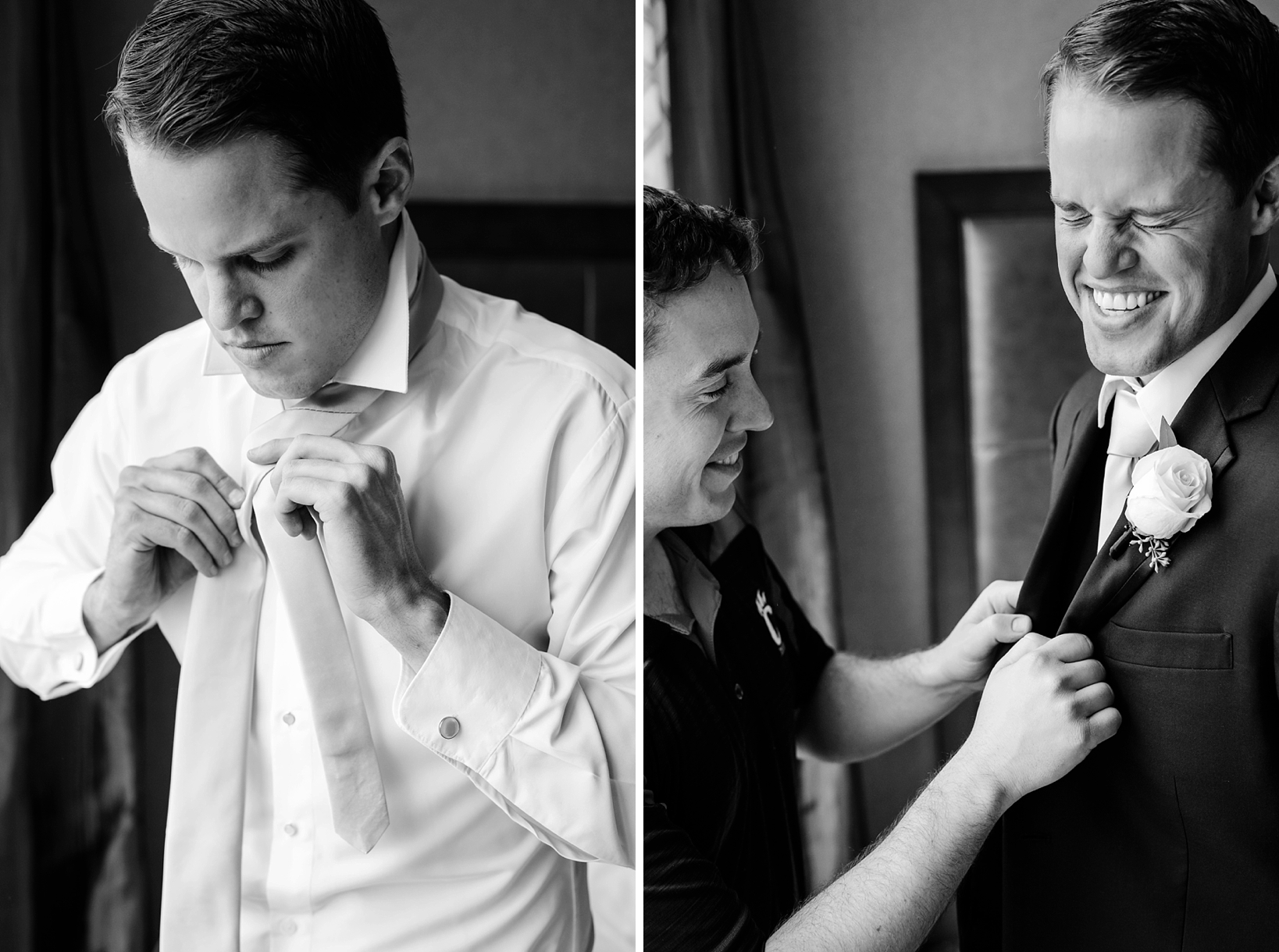 Groom getting ready for his wedding and with a little help from his friend in a funny moment in Tampa, FL