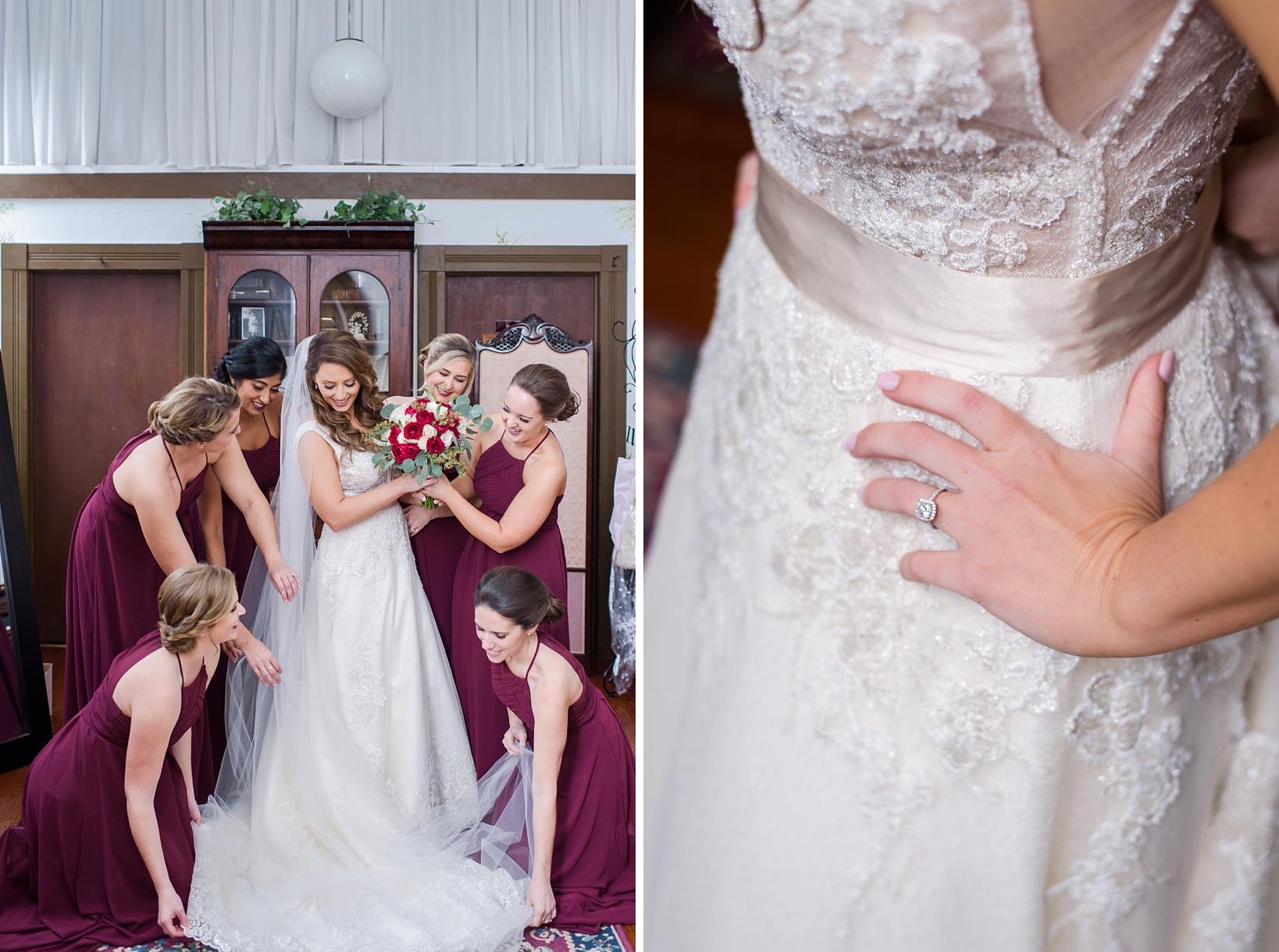 All the bridesmaids helping with the dress on the wedding day and a close up of the engagement ring on her finger