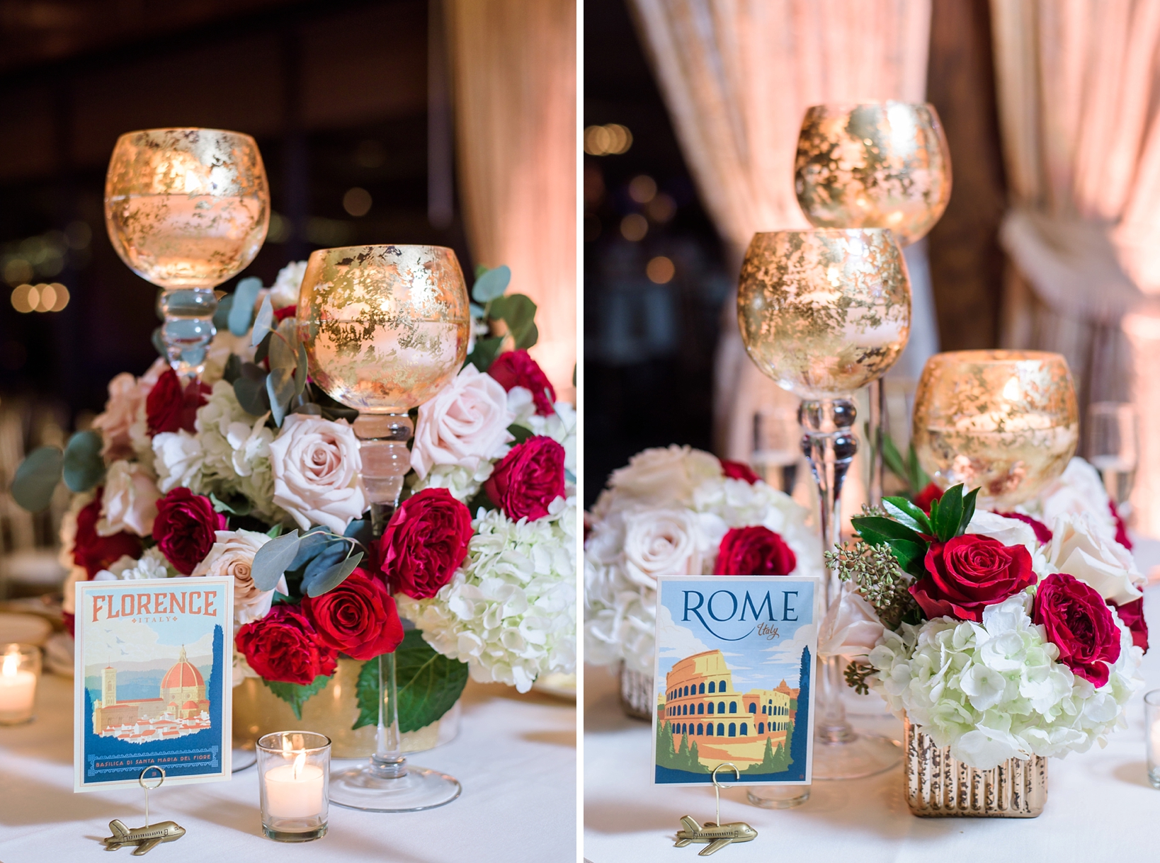 Travel theme table numbers and orange uplighting added so much fun and character to this Rusty Pelican Wedding by Sarah & Ben Photography