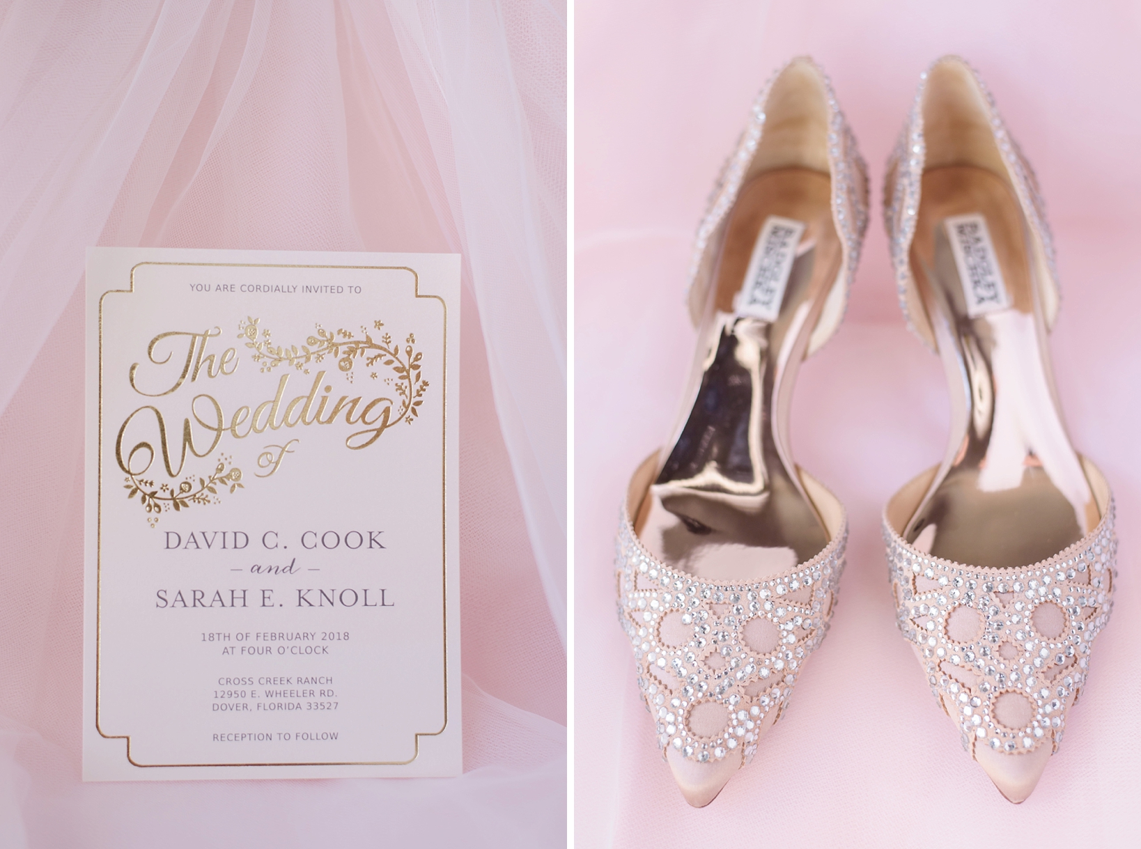 Gold foil wedding invitation and champagne wedding shoes
