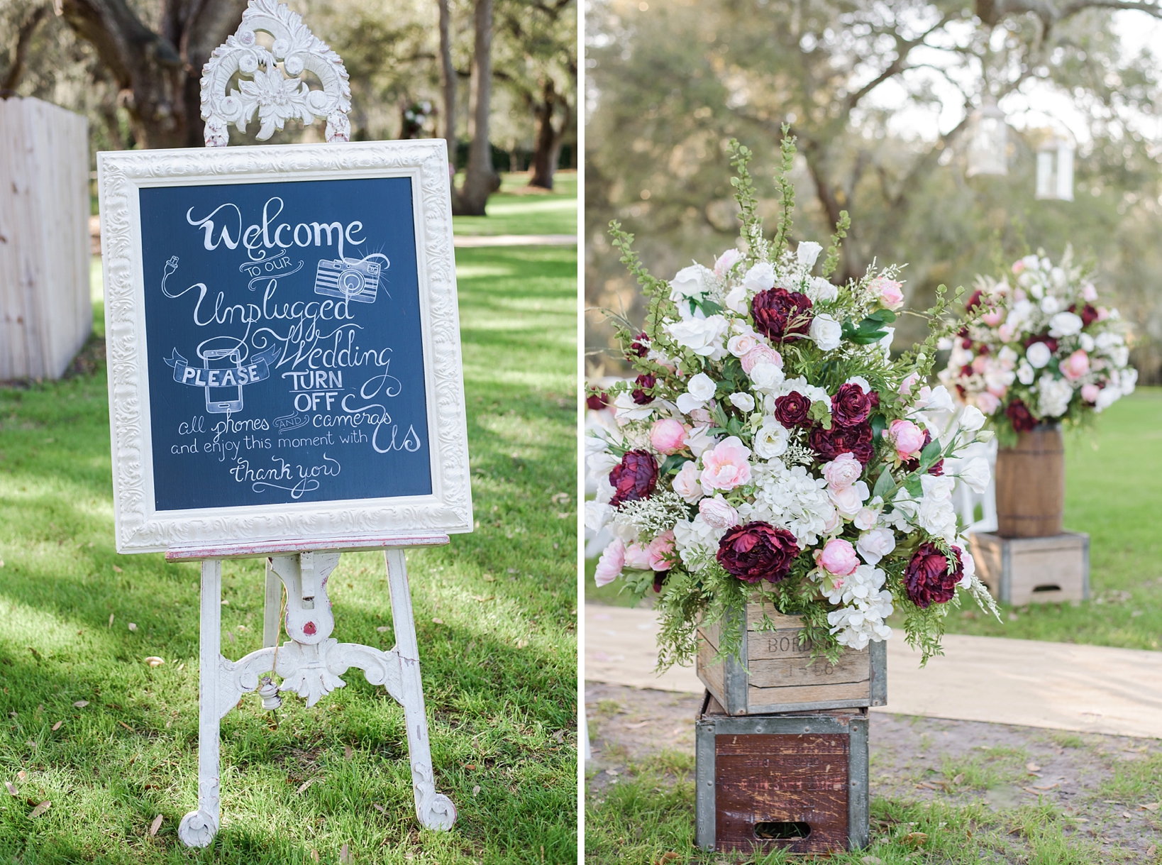 Flowers on decorative apple crates and an unplugged wedding sign