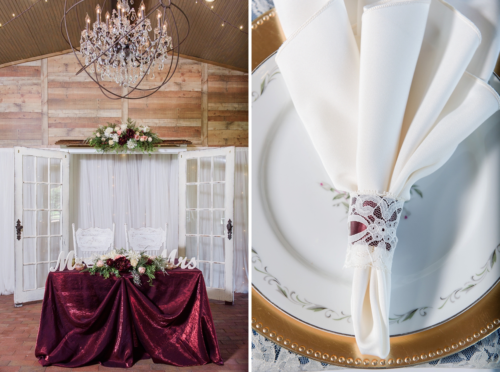 Sweetheart table with rustic accents including lace napkin holders and floral pops of color