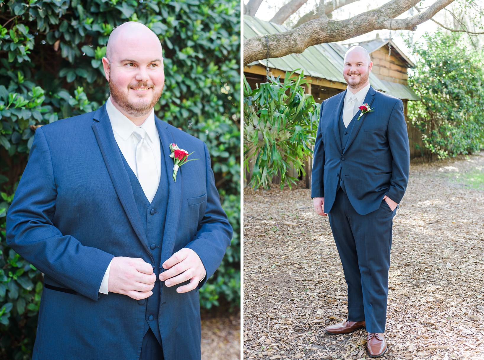 Groom in navy suit with red floral boutonniere 