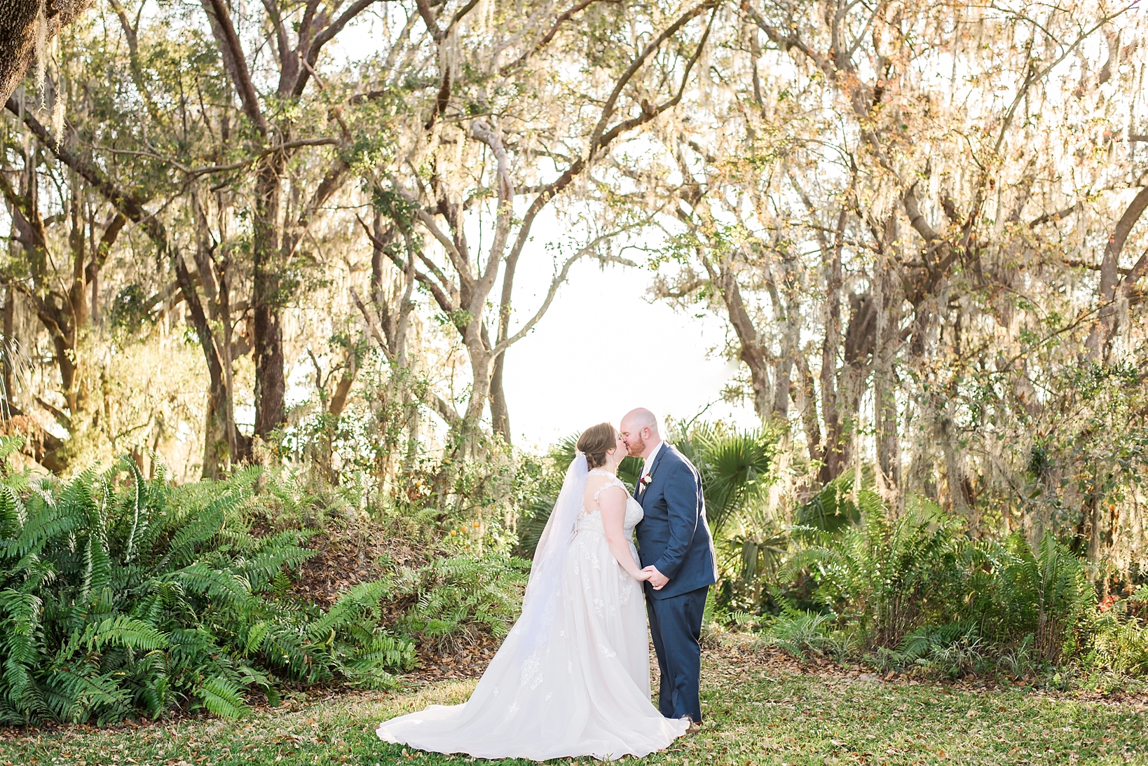 Bride and Groom during golden hour framed in by the oak trees
