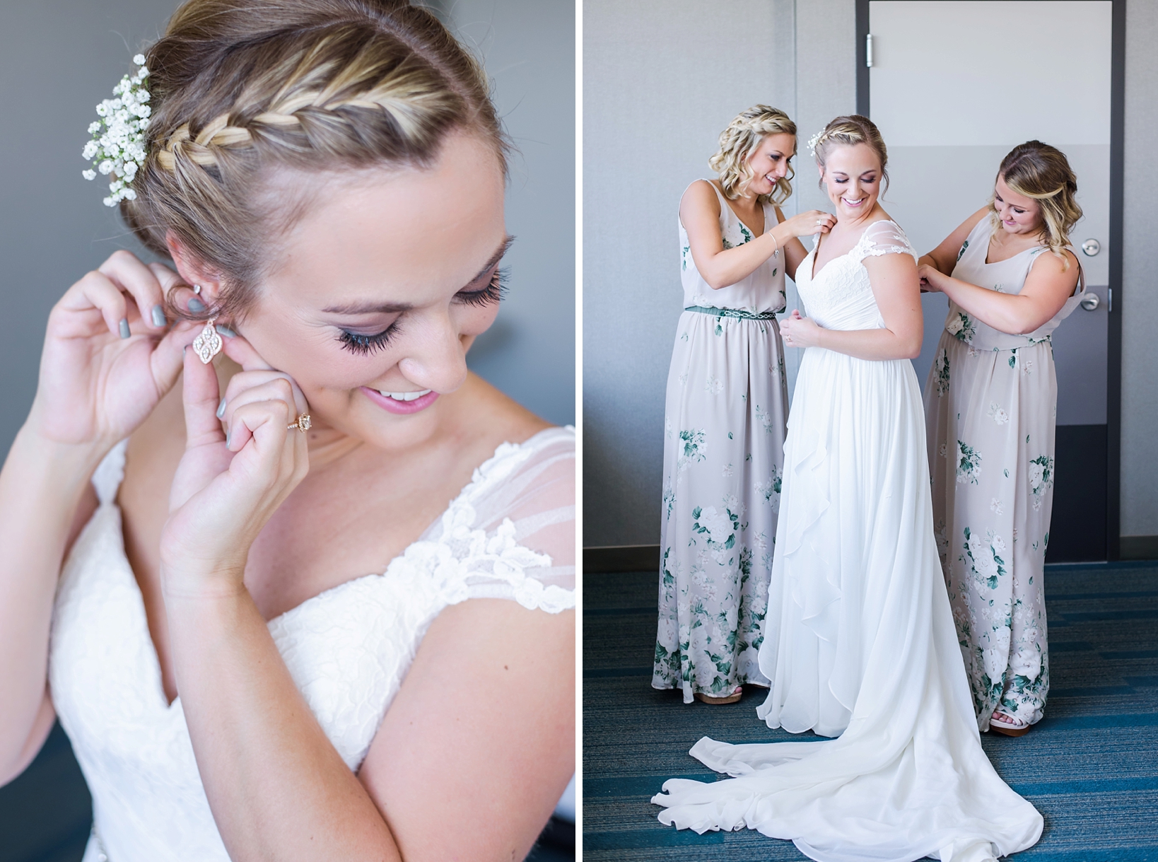 Bride and her bridesmaids getting her ready for the wedding ceremony