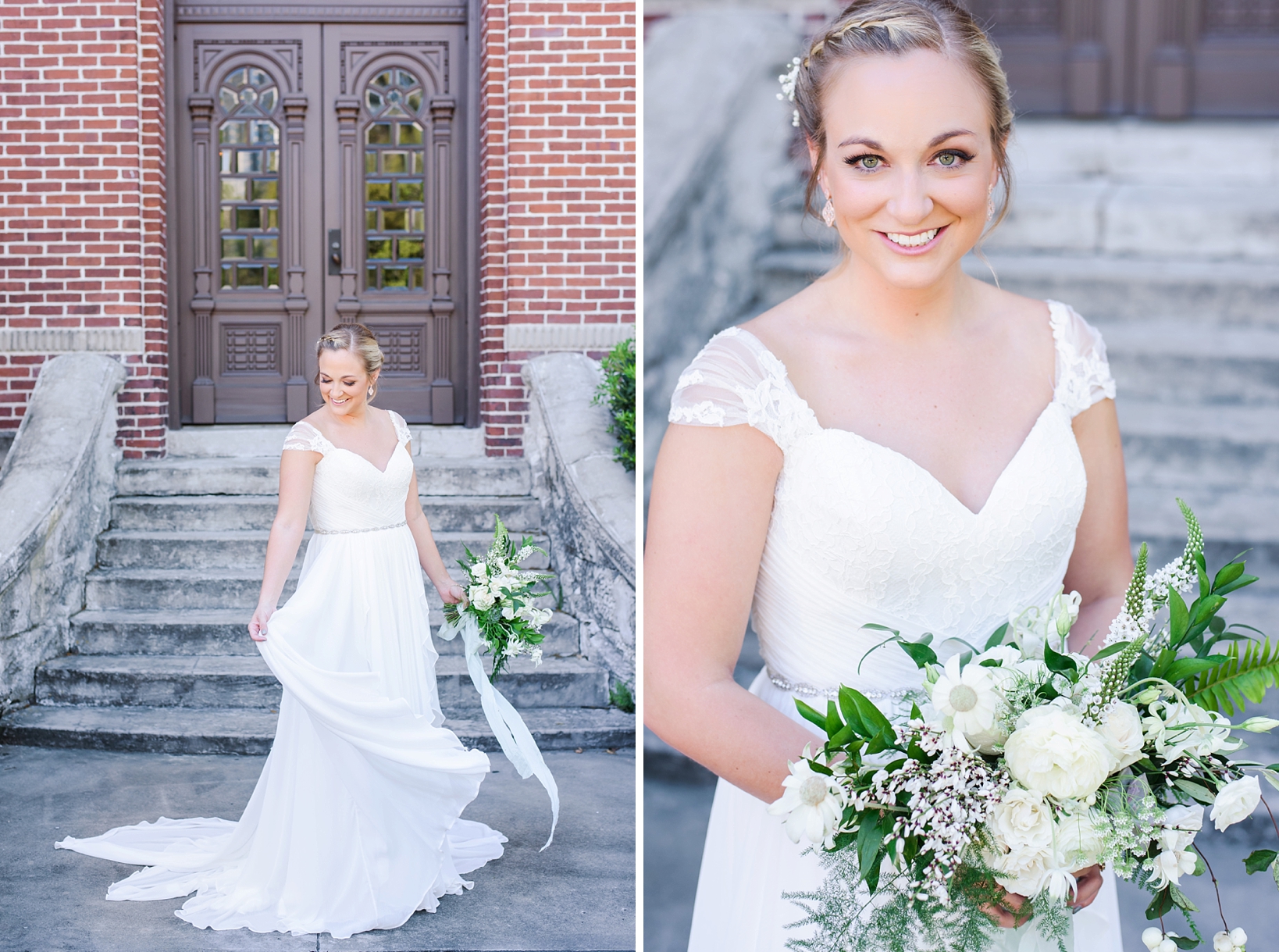 Bride portraits with her floral bouquet and playing with the train of her dress