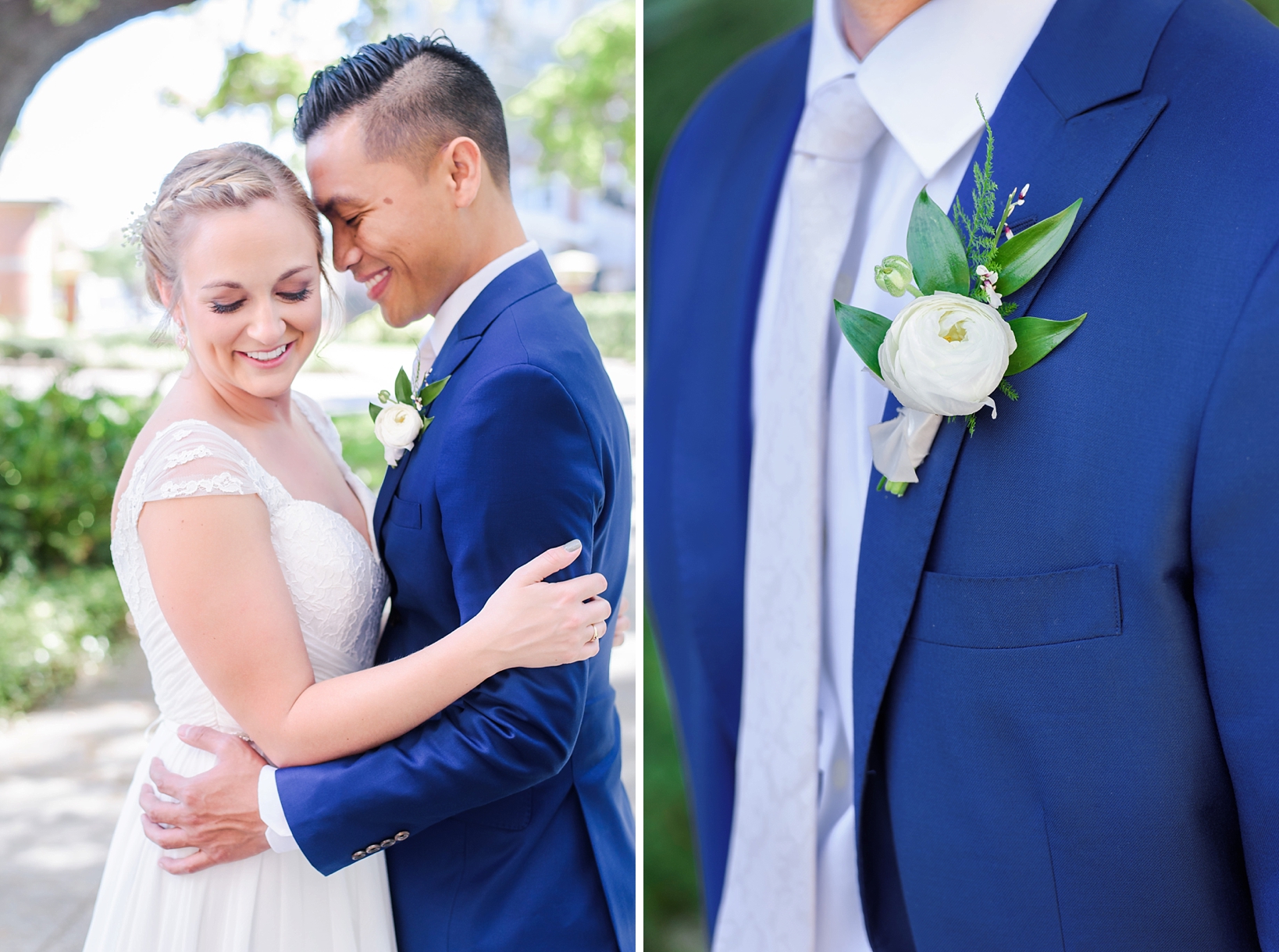 Grooms boutonniere and photo of Bride and Groom laughing