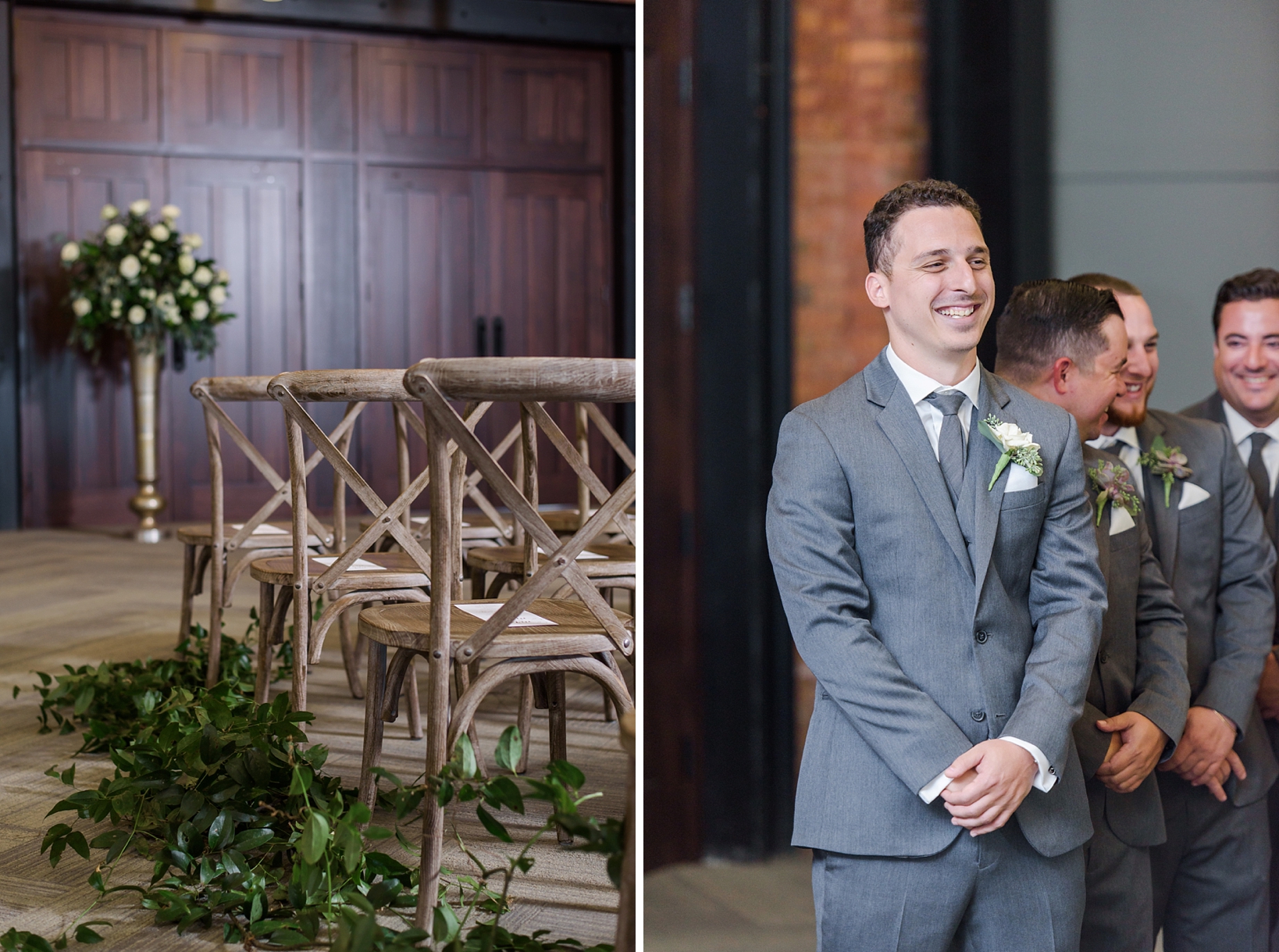 Rustic wooden chairs with greenery aisle runner and groom seeing his bride walk down the aisle