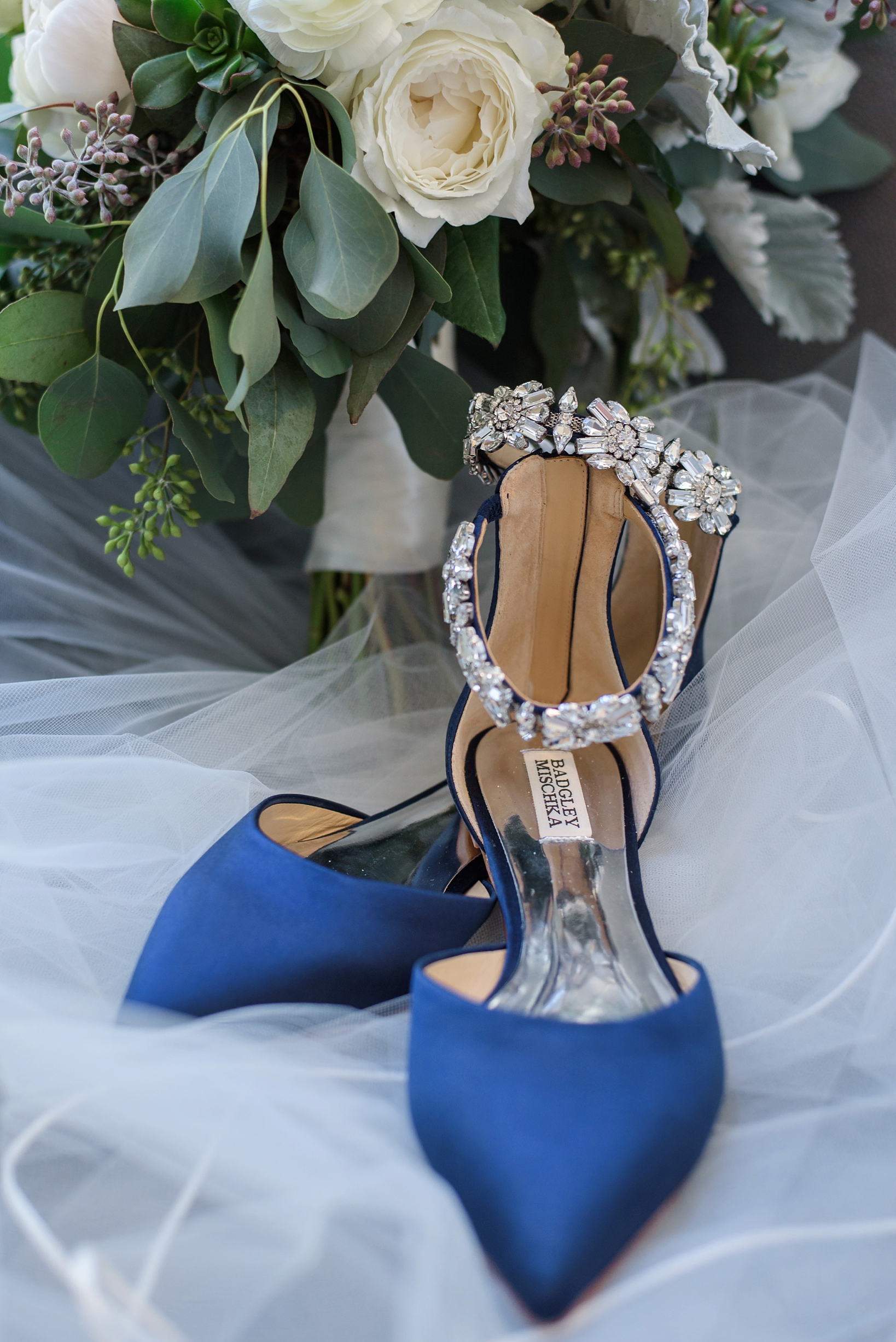 Navy bridal shoes with rhinestone accents