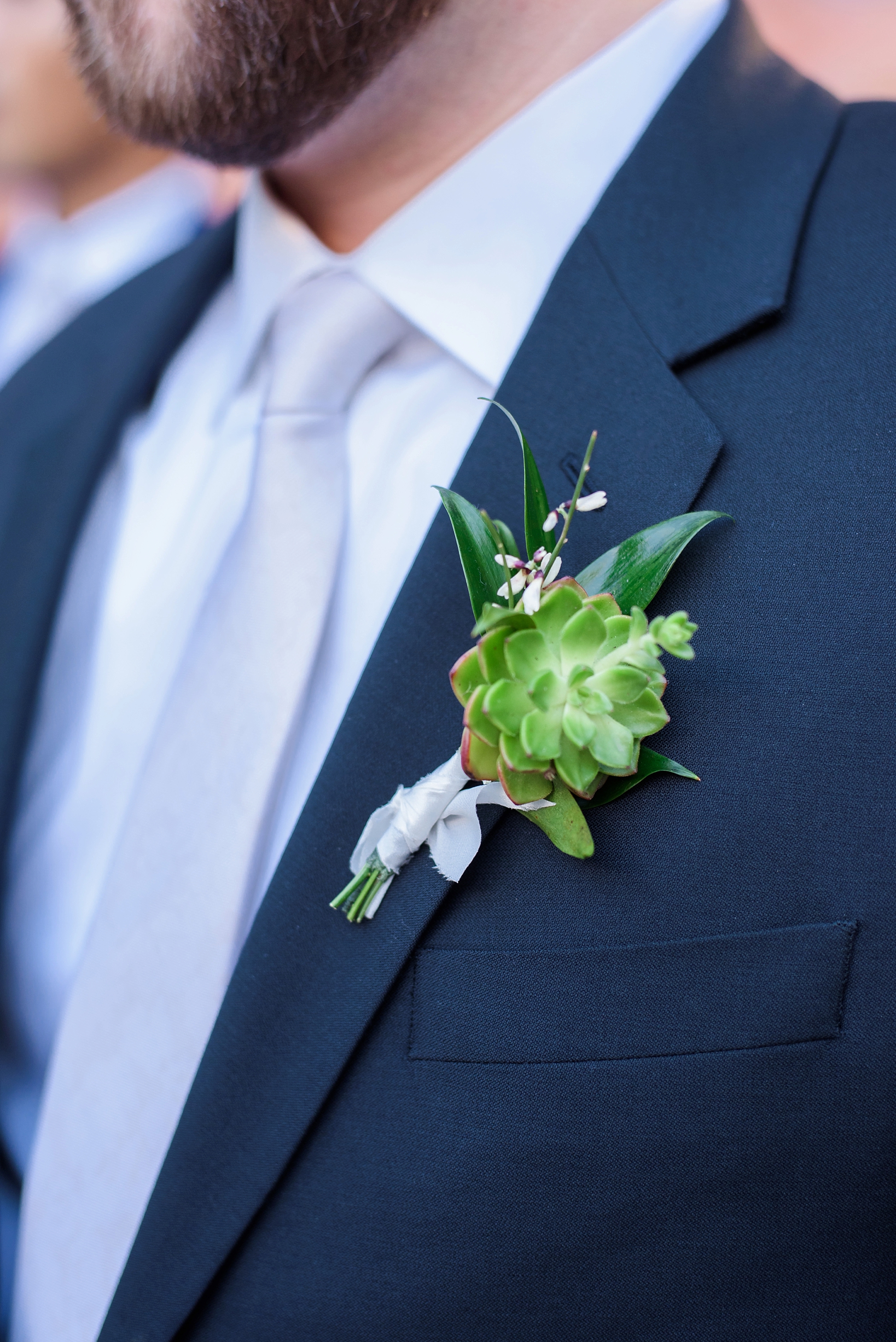 Groomsmen's boutonniere with fresh succulent and white ribbon