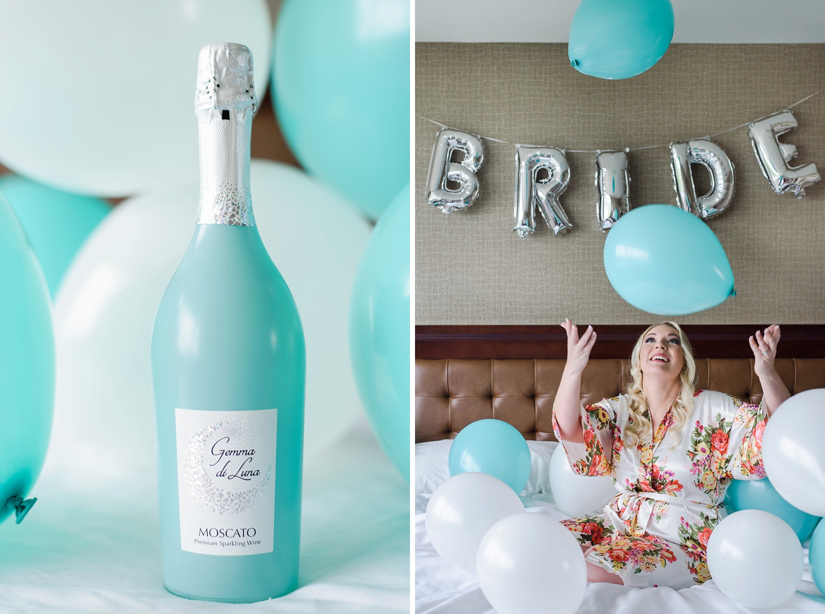 Tiffany blue balloons surround the bride in her floral robe before her wedding