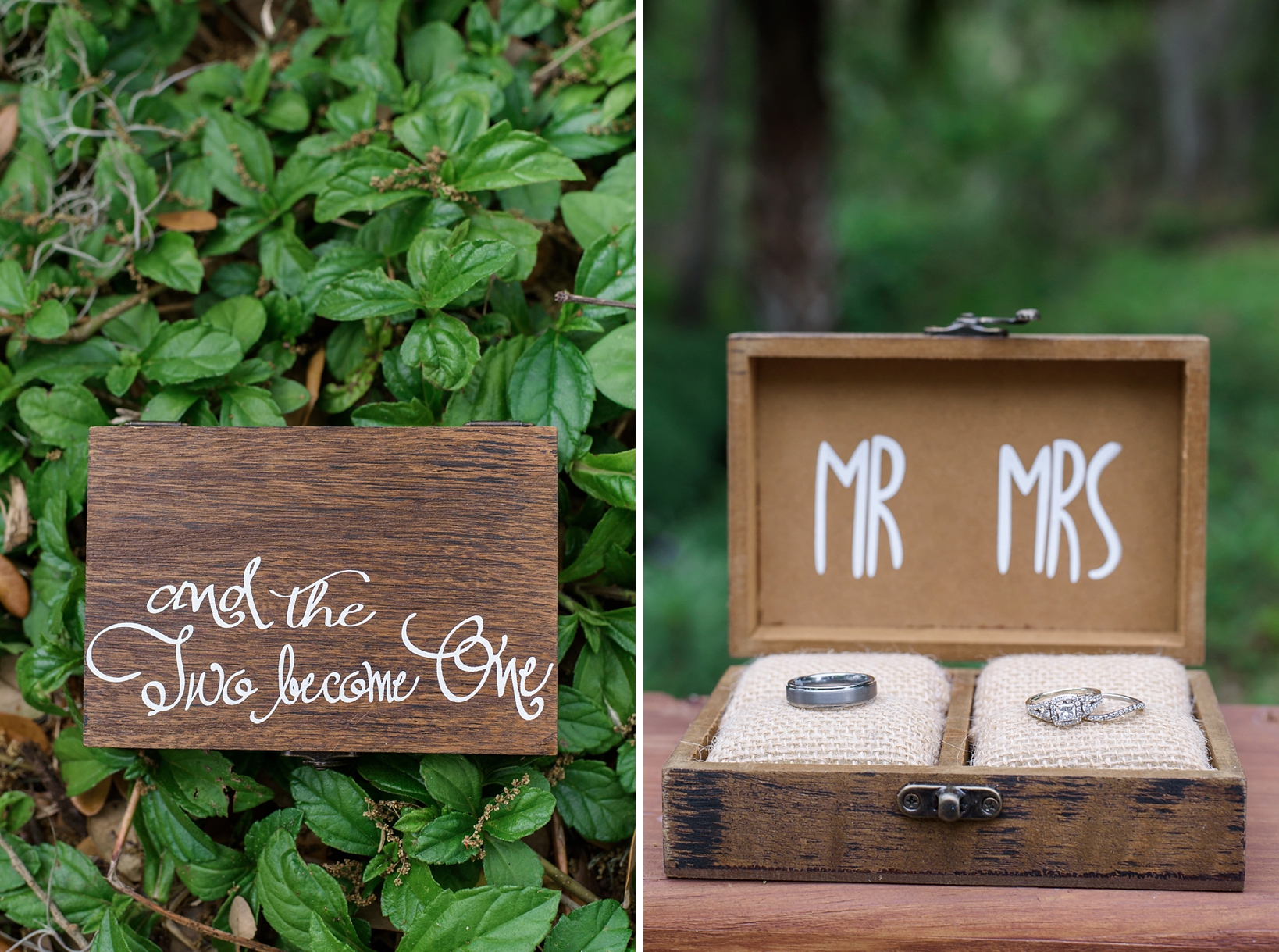 Rustic wedding signs and ring box with wedding bands