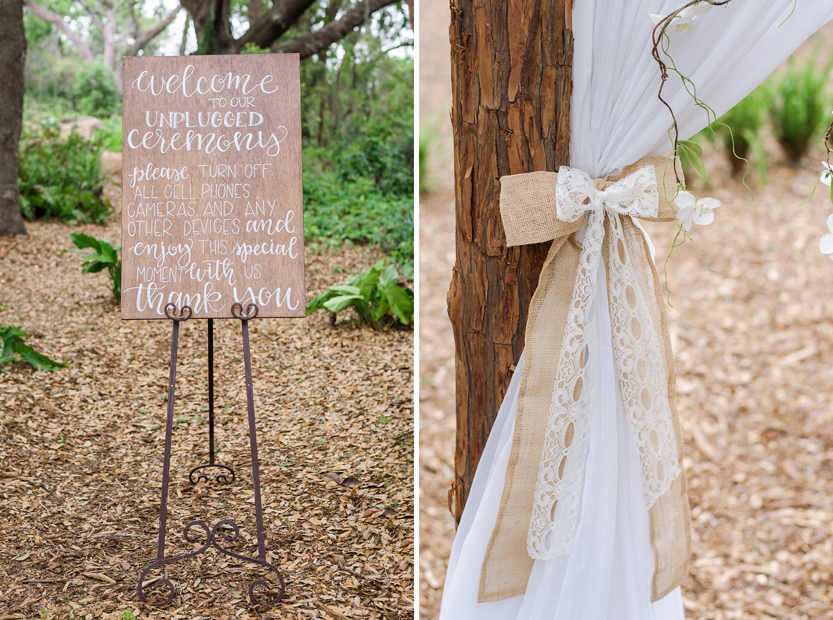 Rustic lace bows tied around the wedding arch and forest covered wedding signs