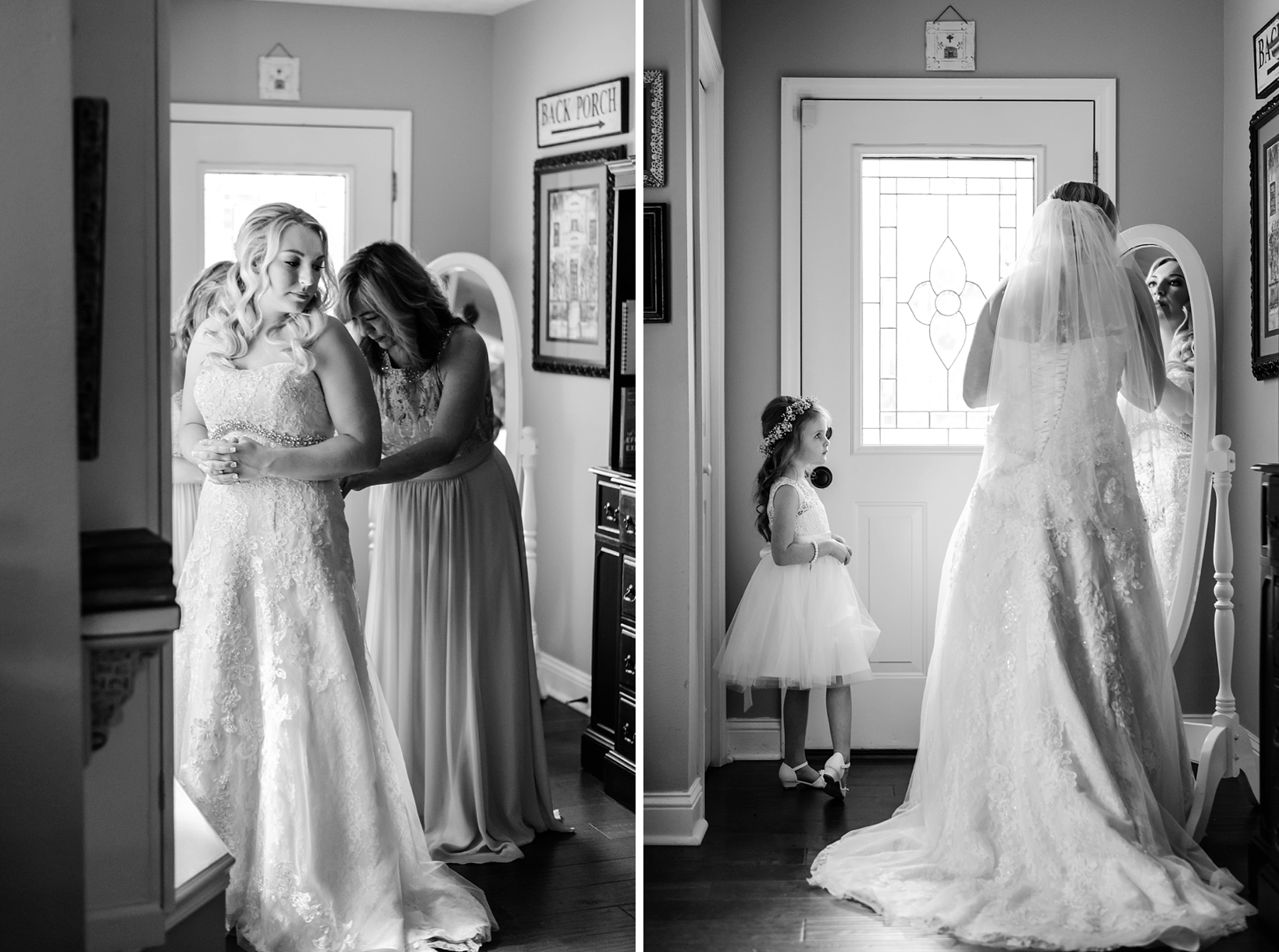 Black and white photos of the bride with her bridesmaids and flower girl