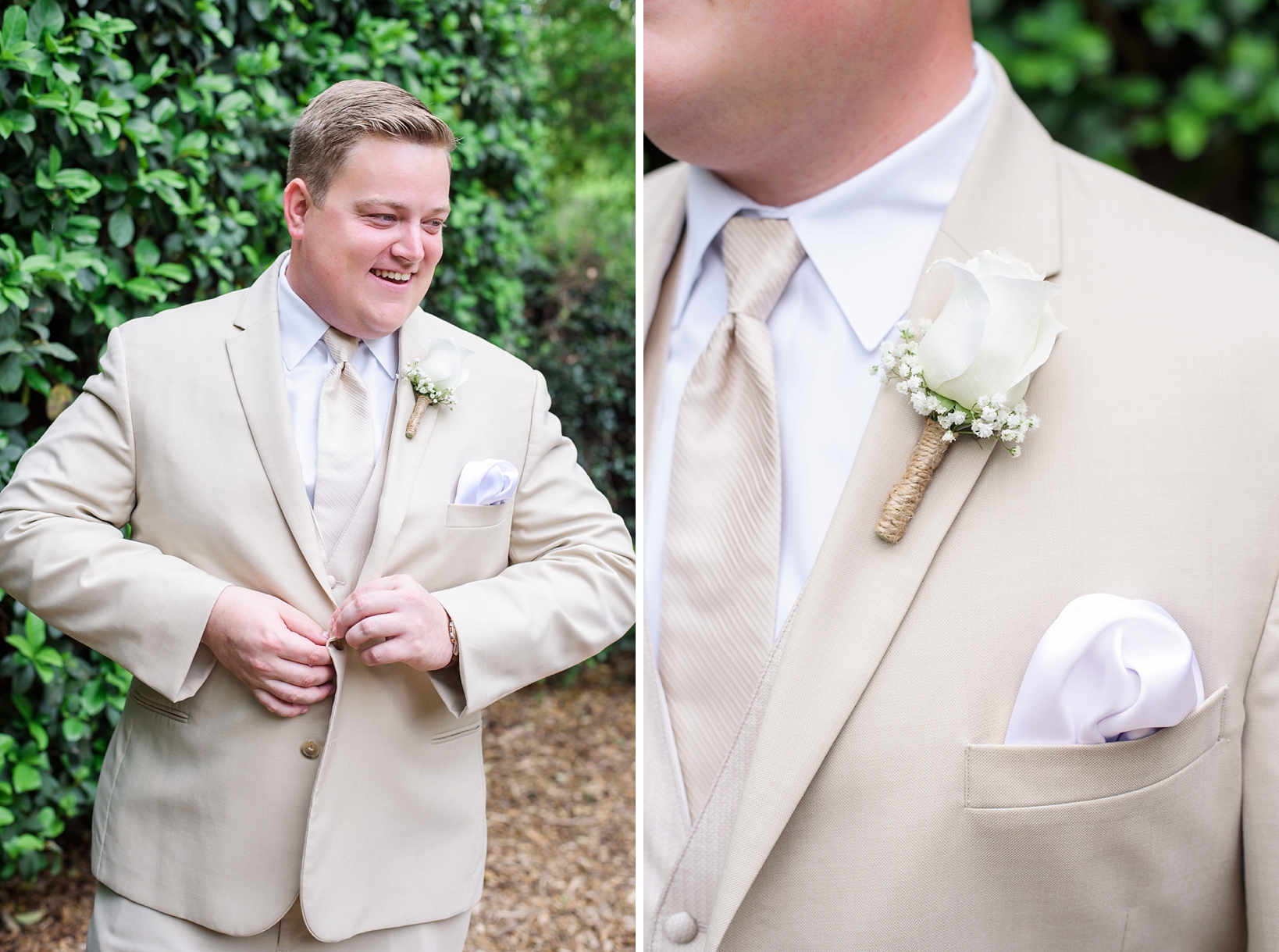 Groom putting on his suit coat and close up of white rose boutonniere 