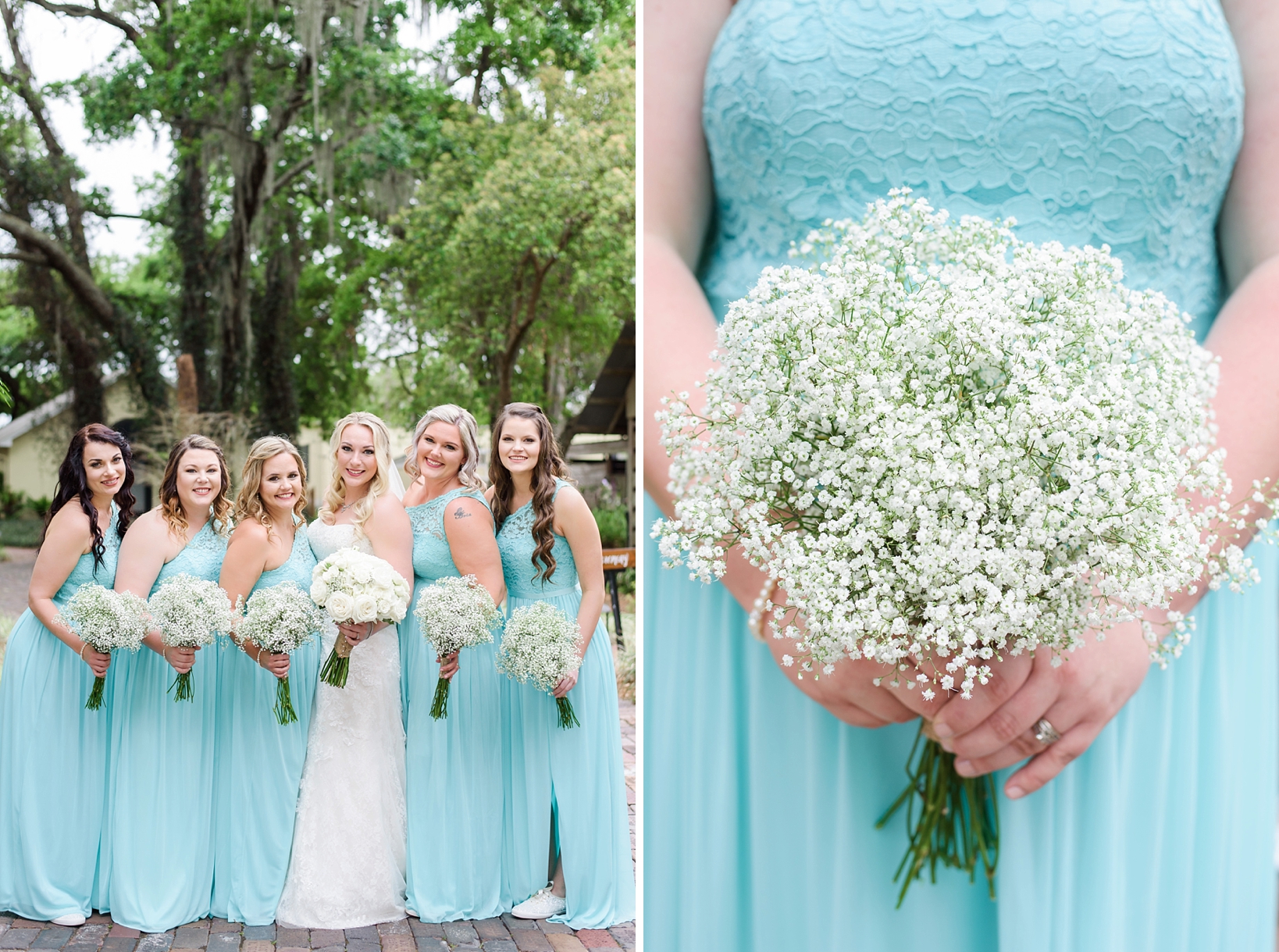 Baby's breath floral bouquets against the tiffany blue of the bridal gowns