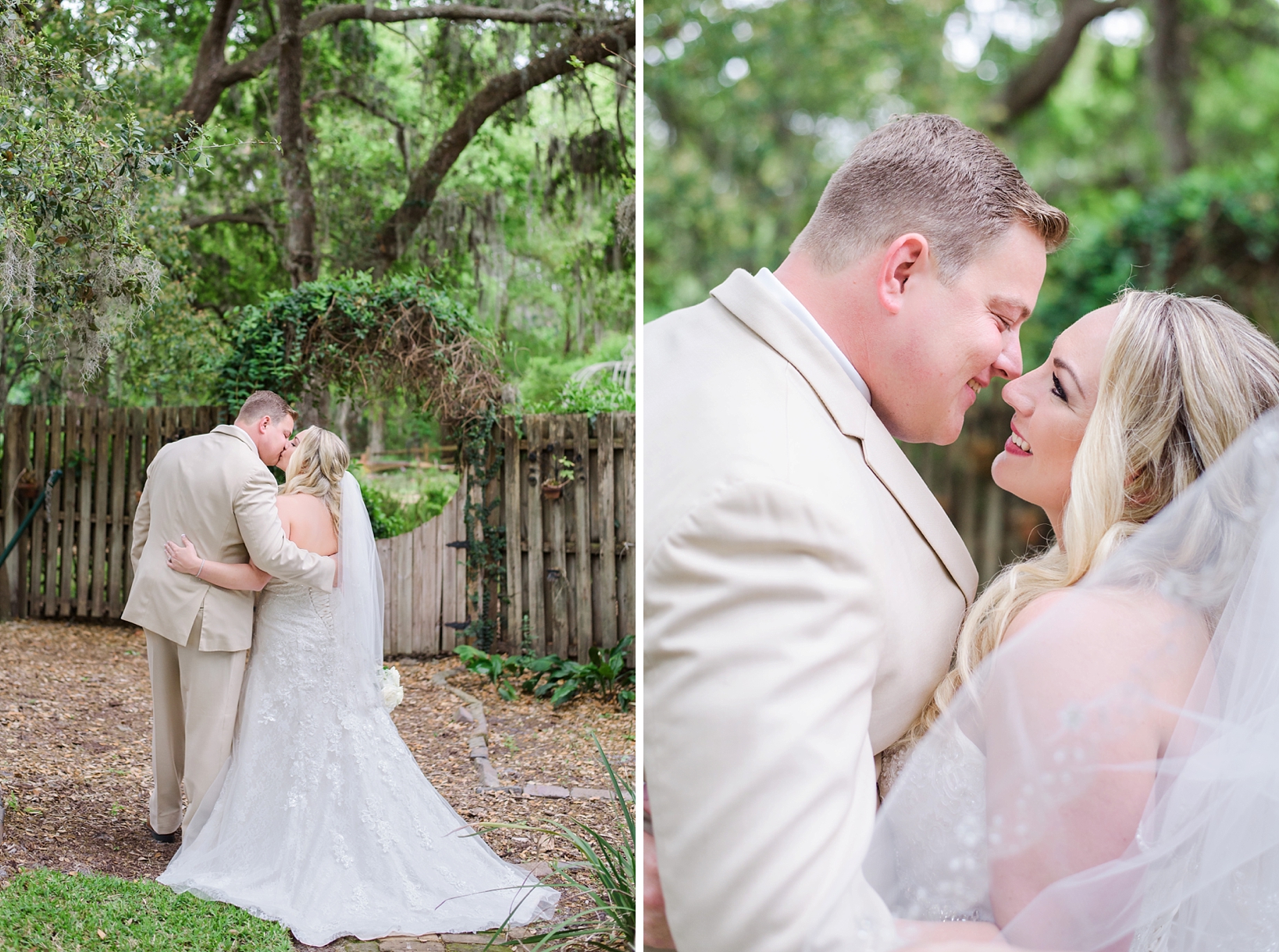 Bride and groom on their wedding day surrounded by old florida greenery