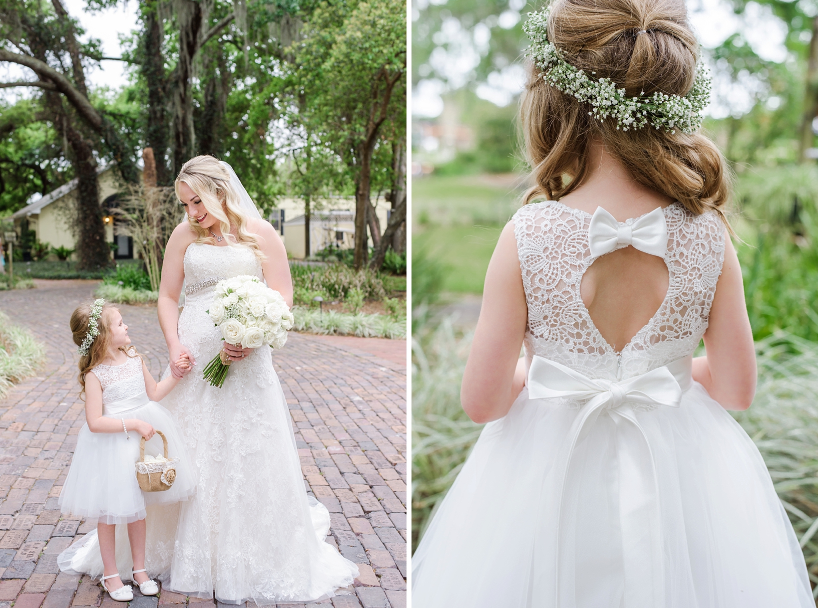 Bride and her flower girl on a brick path