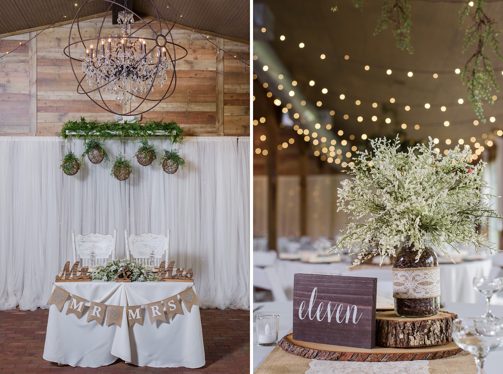 Rustic centerpieces of wood accents and mason jars fill the reception venue at cross creek ranch 