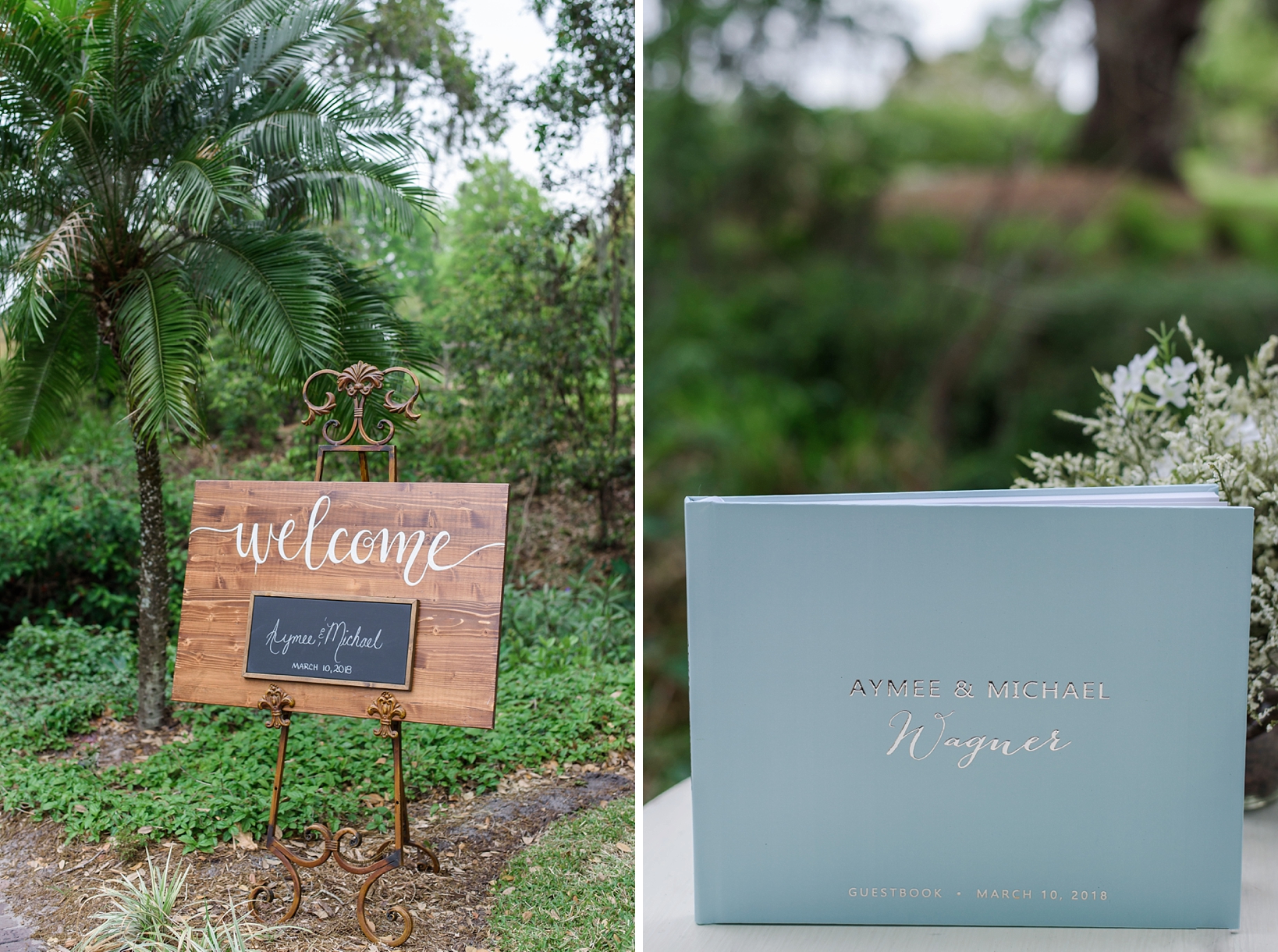 Welcome sign with handwritten cursive and the guestbook album in Tiffany Blue