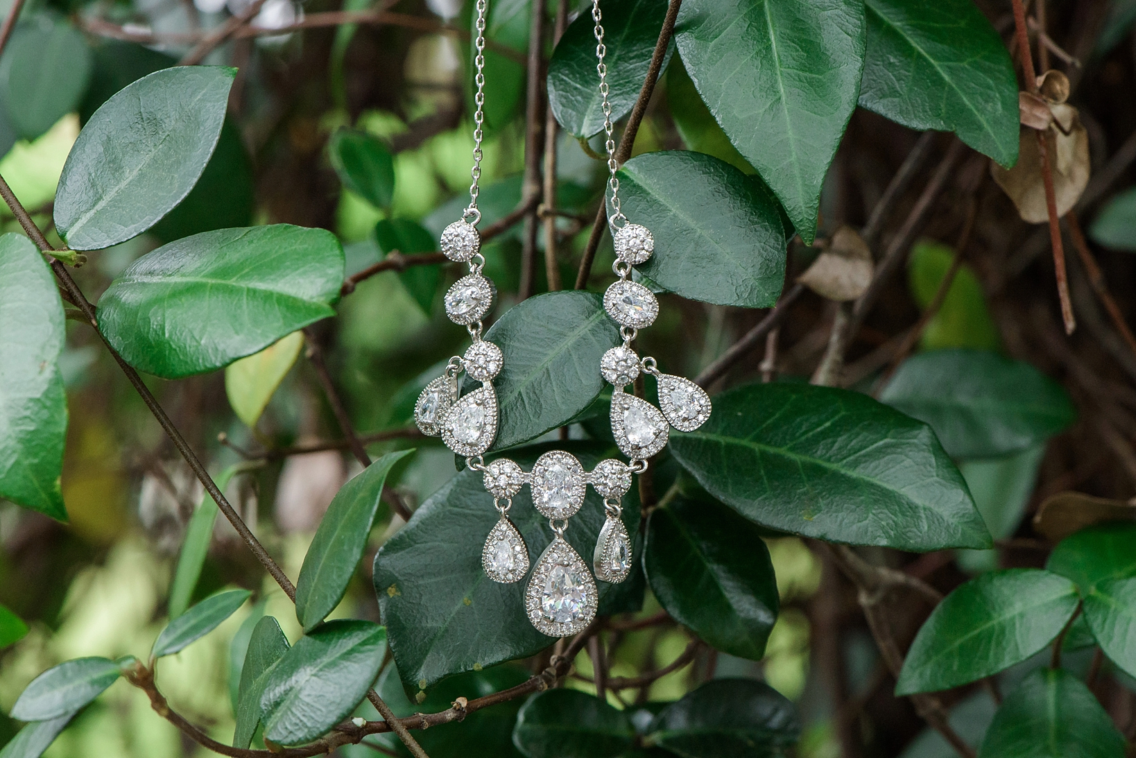Diamond necklace details hanging on a rustic green background