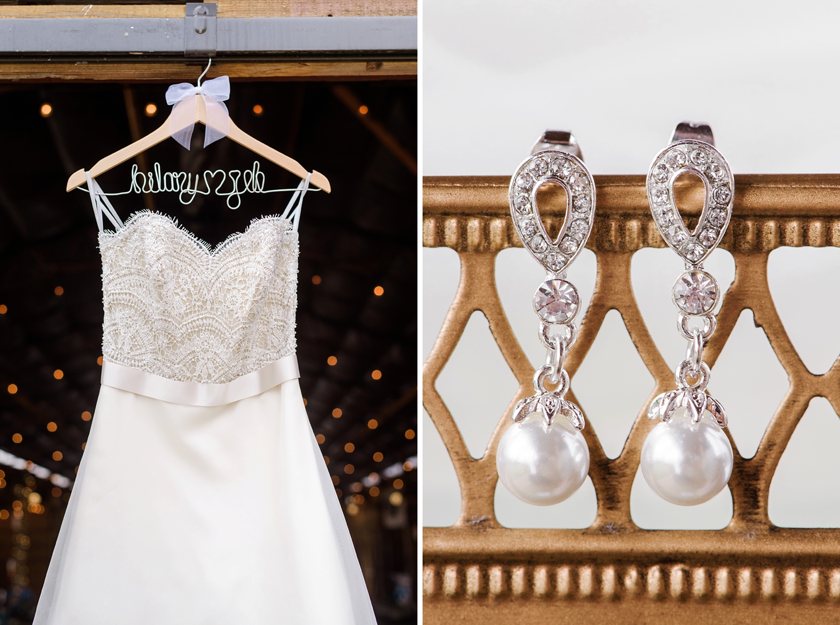 Wedding dress with custom hanger and close up of pearl earrings