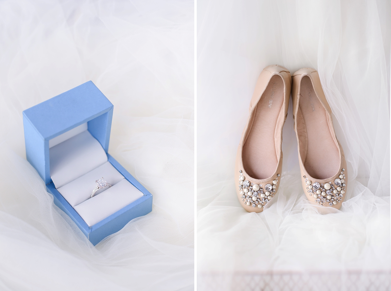 The wedding ring and the bride's flats against the wedding veil