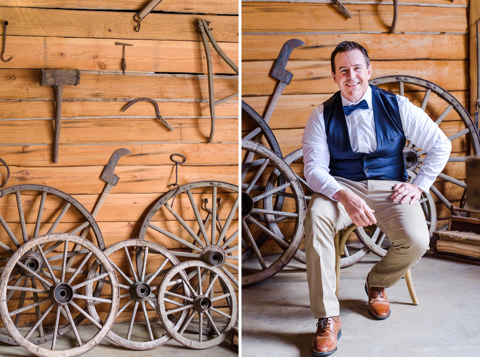 Groom sitting among the many carriage wheels and farming supplies in the reception barn