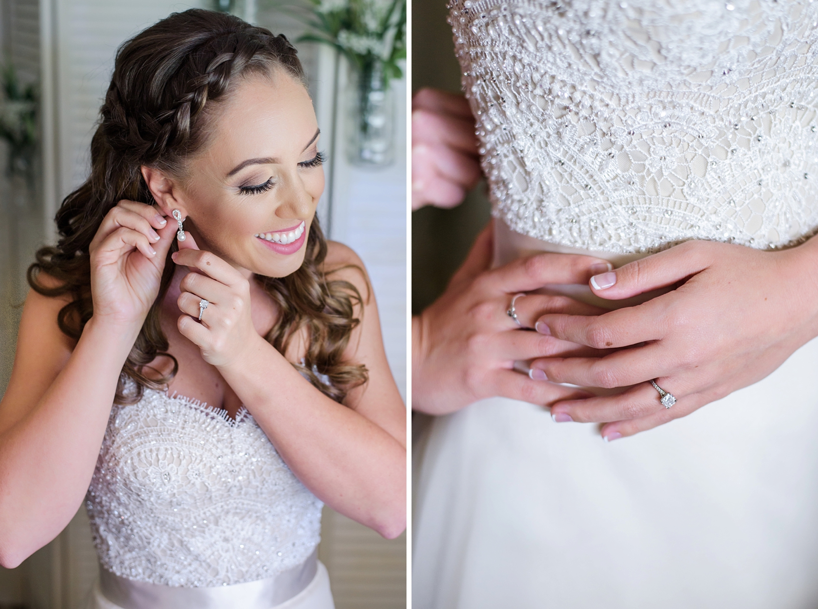 Bride putting her jewelry on with braided hair by Sarah & Ben Photography