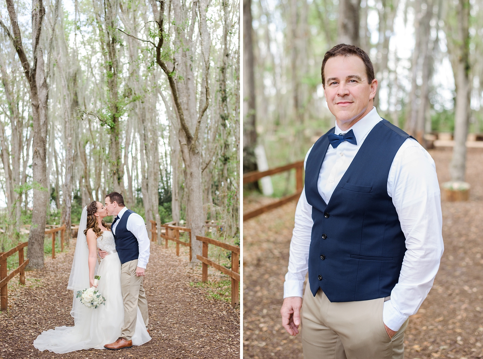Bride and groom kissing under the forest canopy and a classic pose by the groom