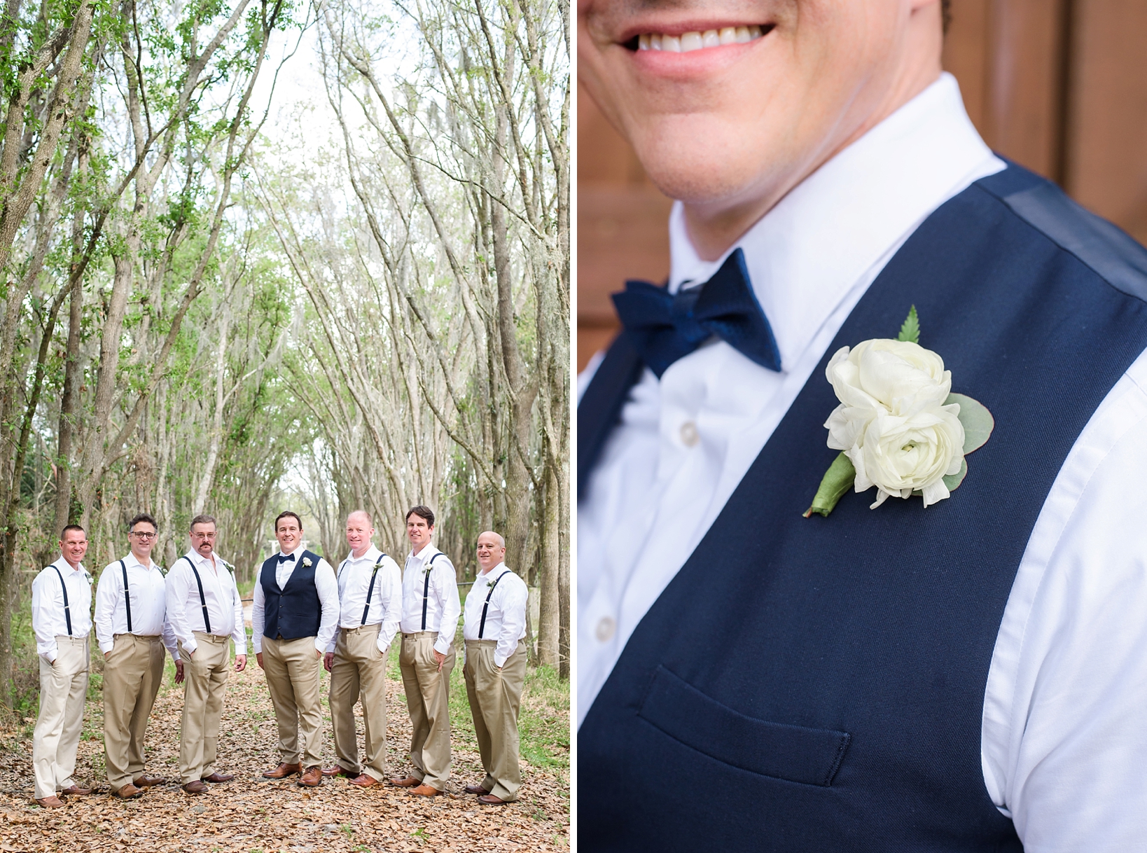 Groom's boutonniere of white roses and his groomsmen posed for a classic groomsmen photo 