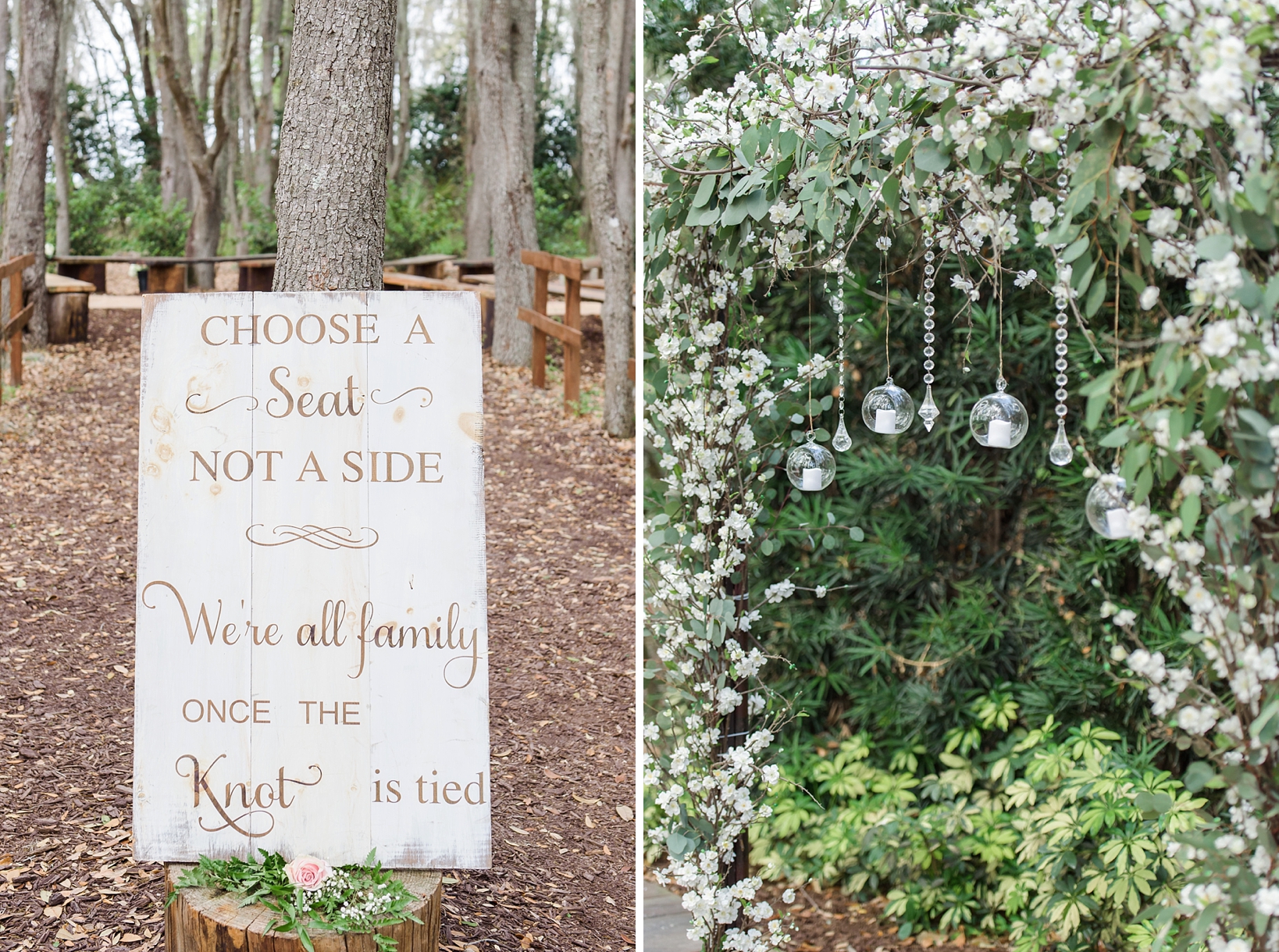 Wedding sign for guests  and ceremony details of crystals and candles hanging in a floral arch