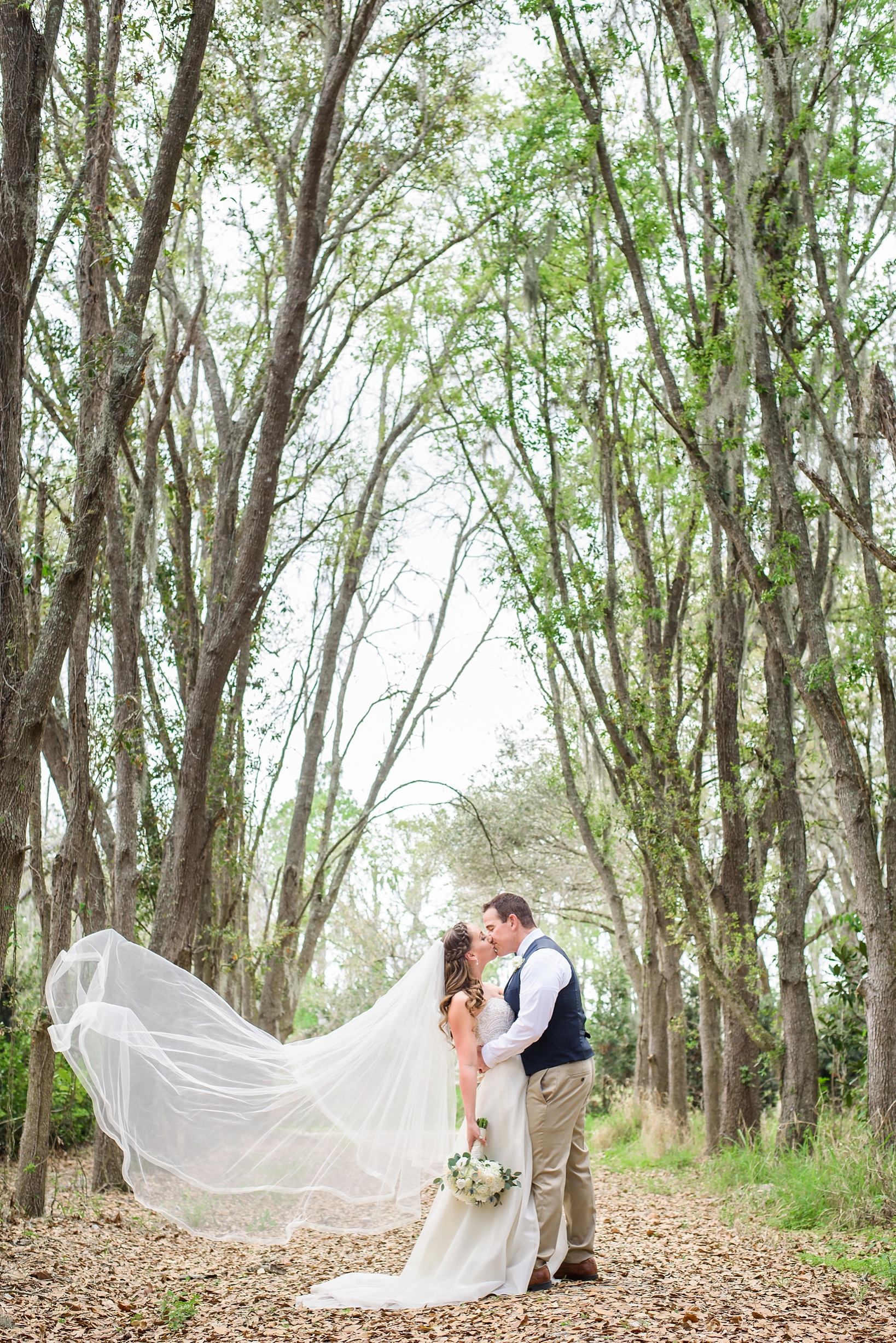 Amazing Bride and Groom portrait with the veil blowing under the towering oak trees by Sarah & Ben Photography