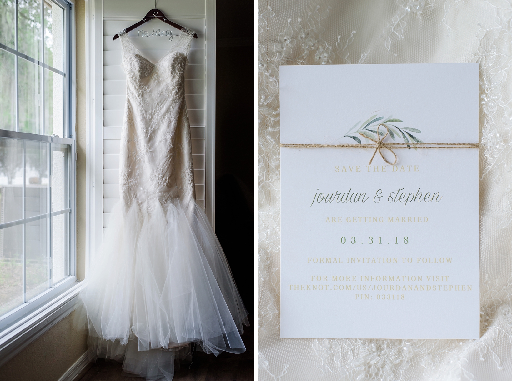 Brides mermaid cut dress and wedding invitation against the lace details of the dress