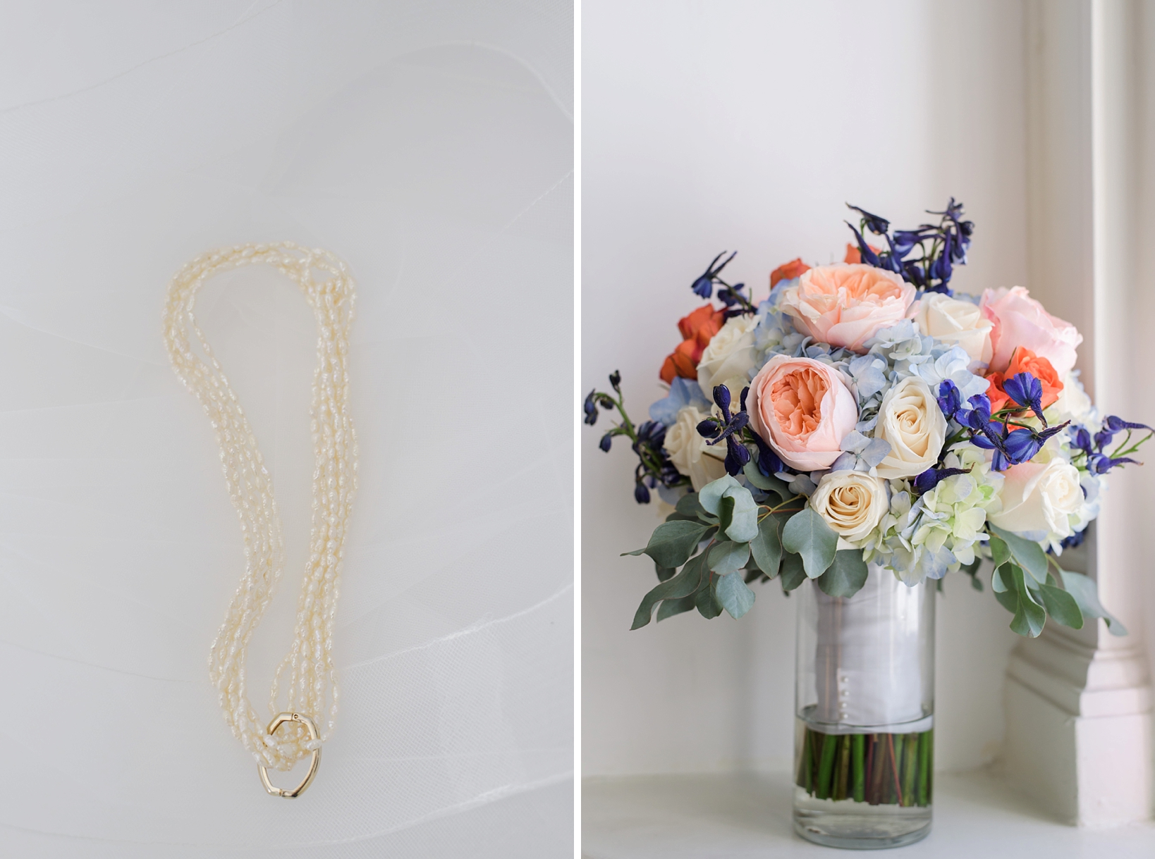 Family jewelry of wedding pearls against the veil and the colorful pops of color of the bridal bouquet
