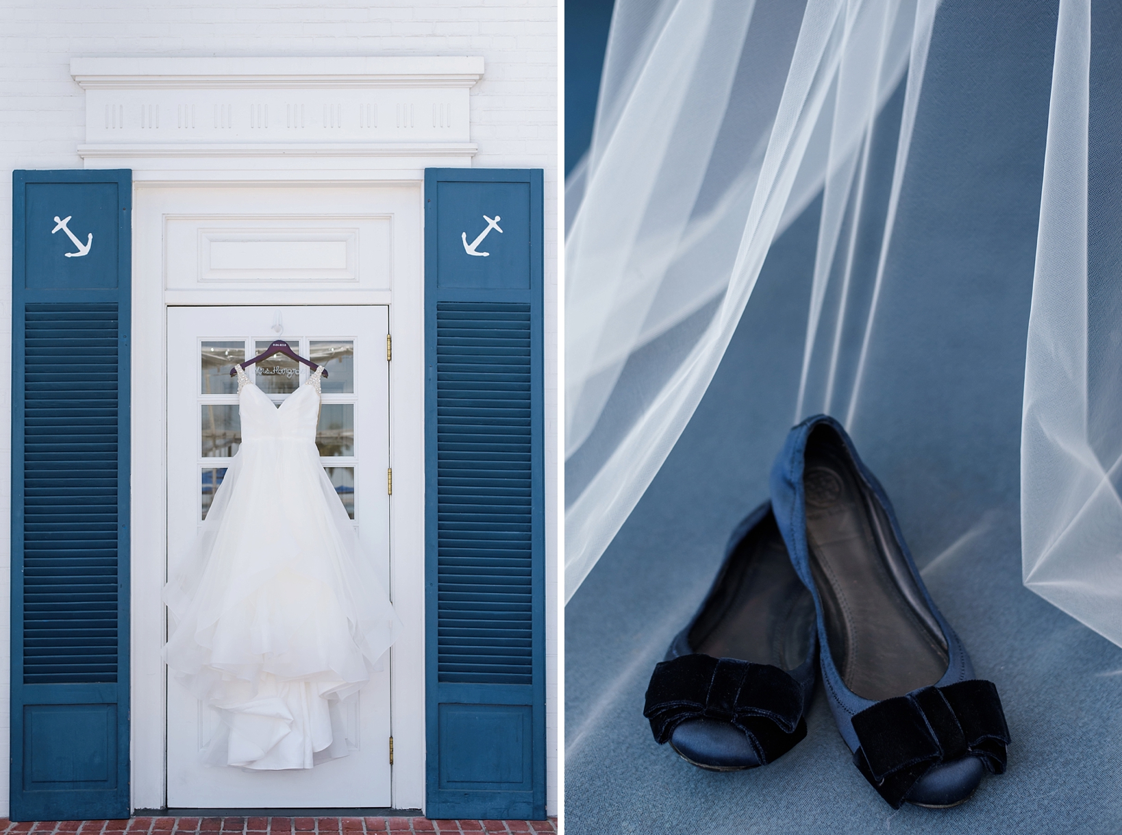 The wedding gown hanging against a nautical themed shutter and the bride's bow covered velvet flats
