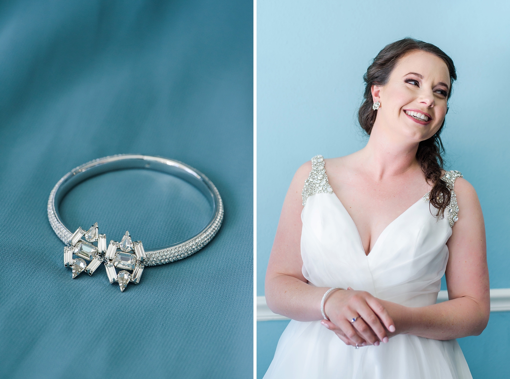 The brides diamond jewelry and the bride laughing against a light blue background
