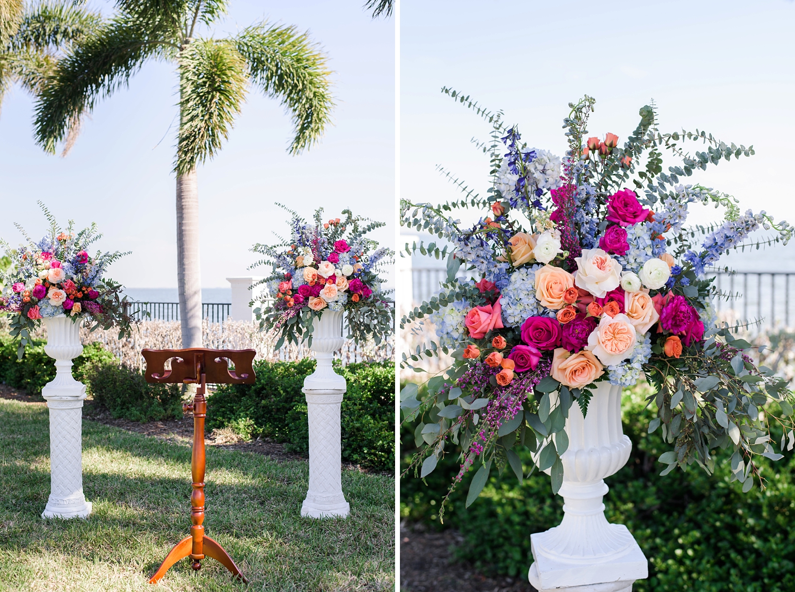 Large colorful floral bouquets at the ceremony space