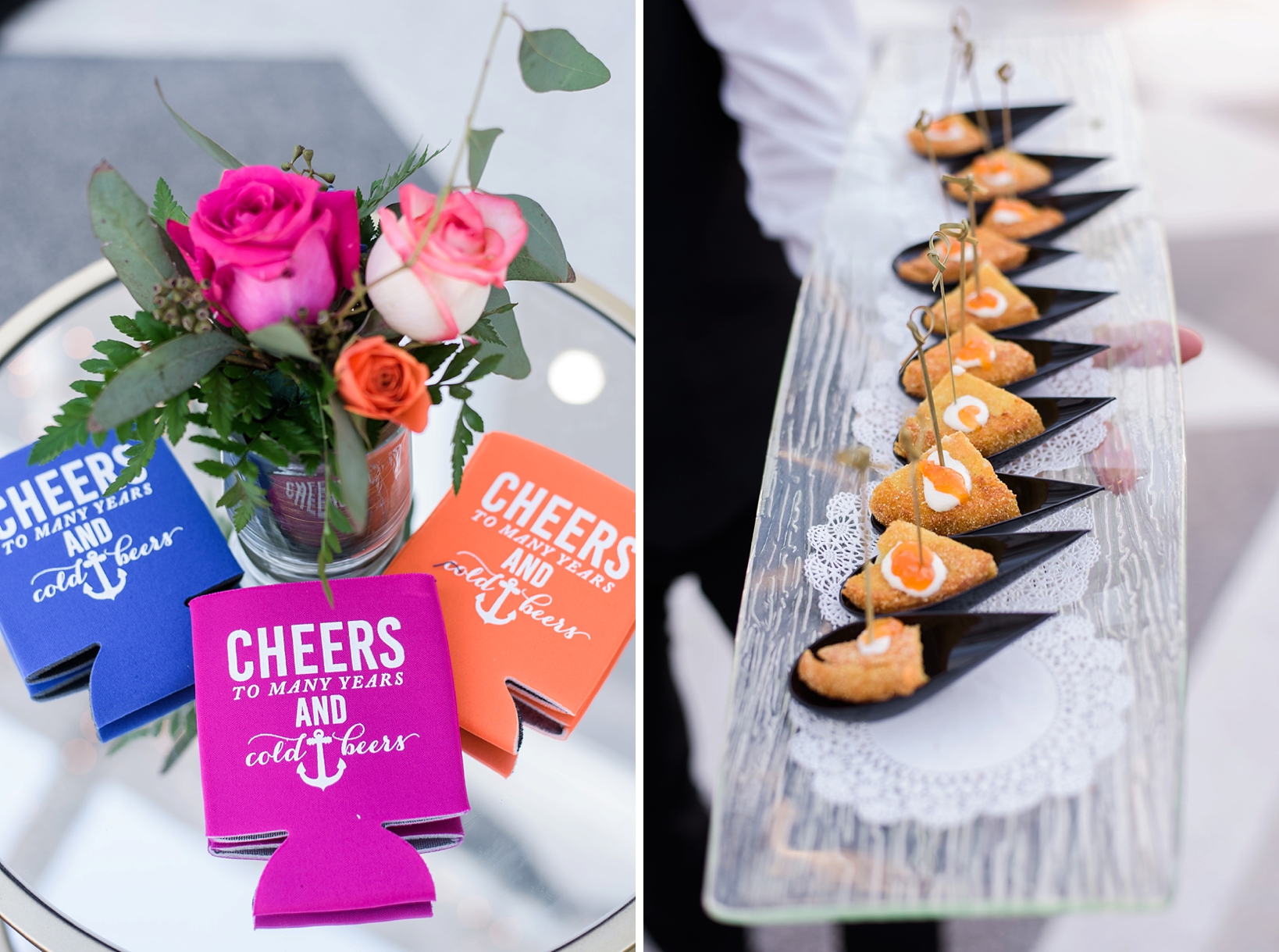 Wedding reception details including beer koozies and passed finger foods