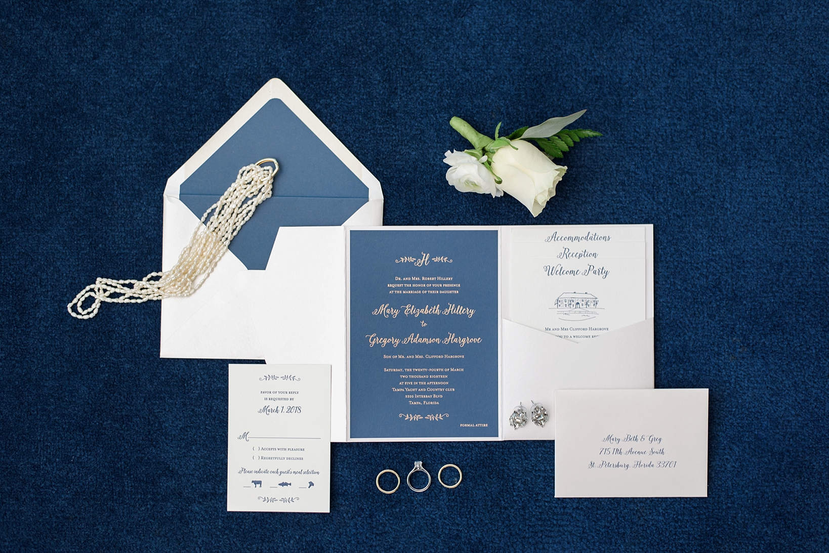 Wedding invitation suite of navy blue and pearls