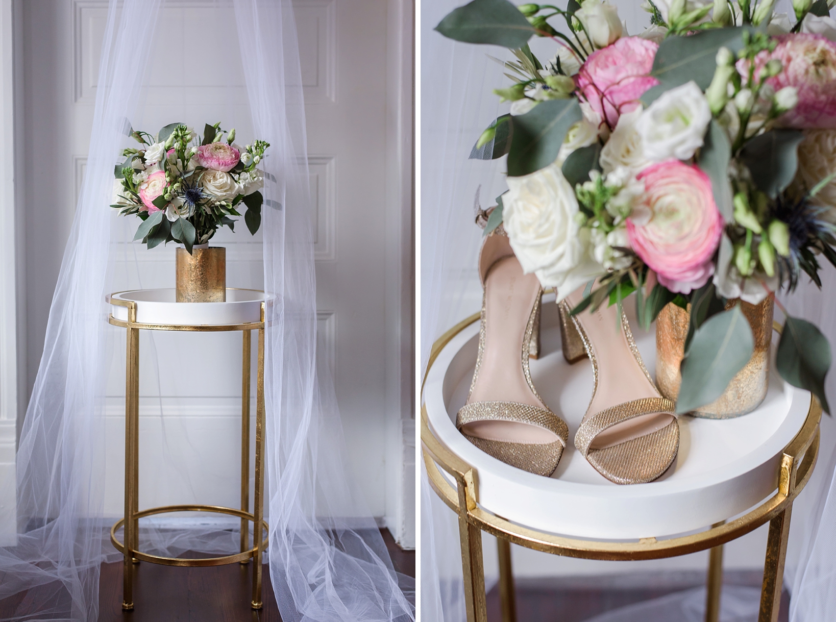 The bridal bouquet filled with roses and eucalyptus leaves with bridal shoes and gold accents