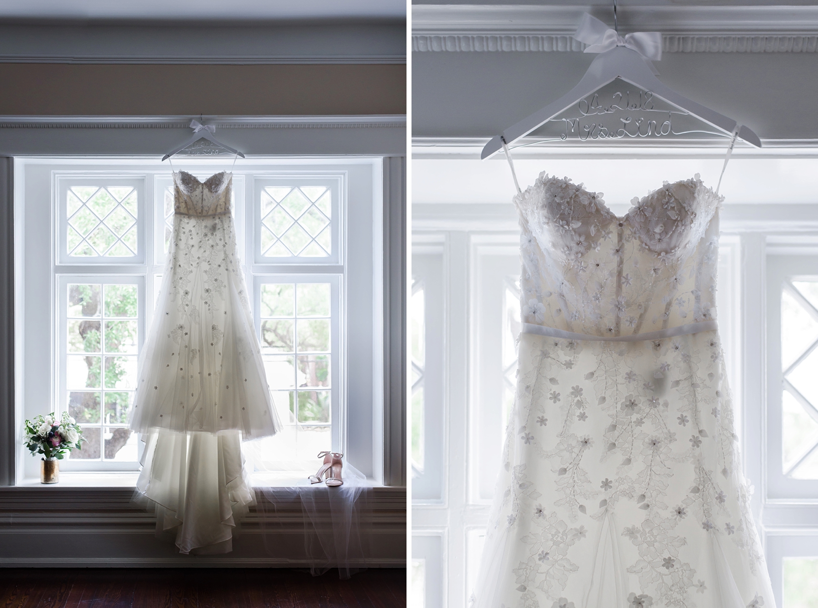 The wedding dress with custom hanger and bright back lit shoes and bouquet