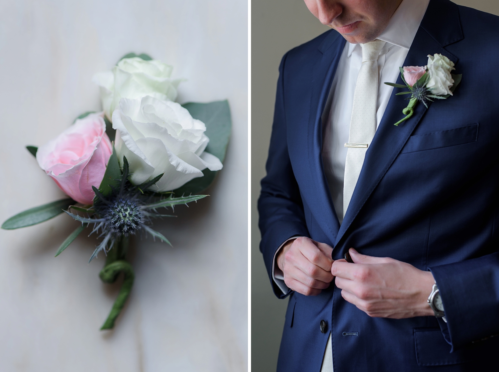 The boutonniere with tiny flowers against the groom's navy suit