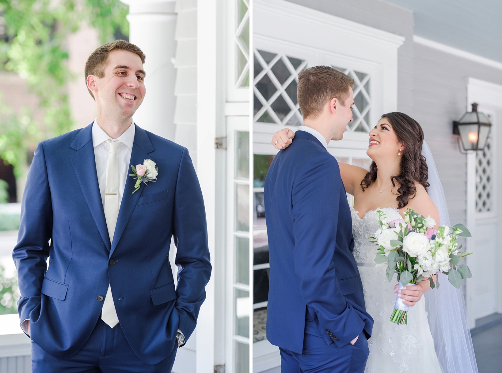 Groom sees his bride for the first time on the front porch of the Orlo in Tampa, FL